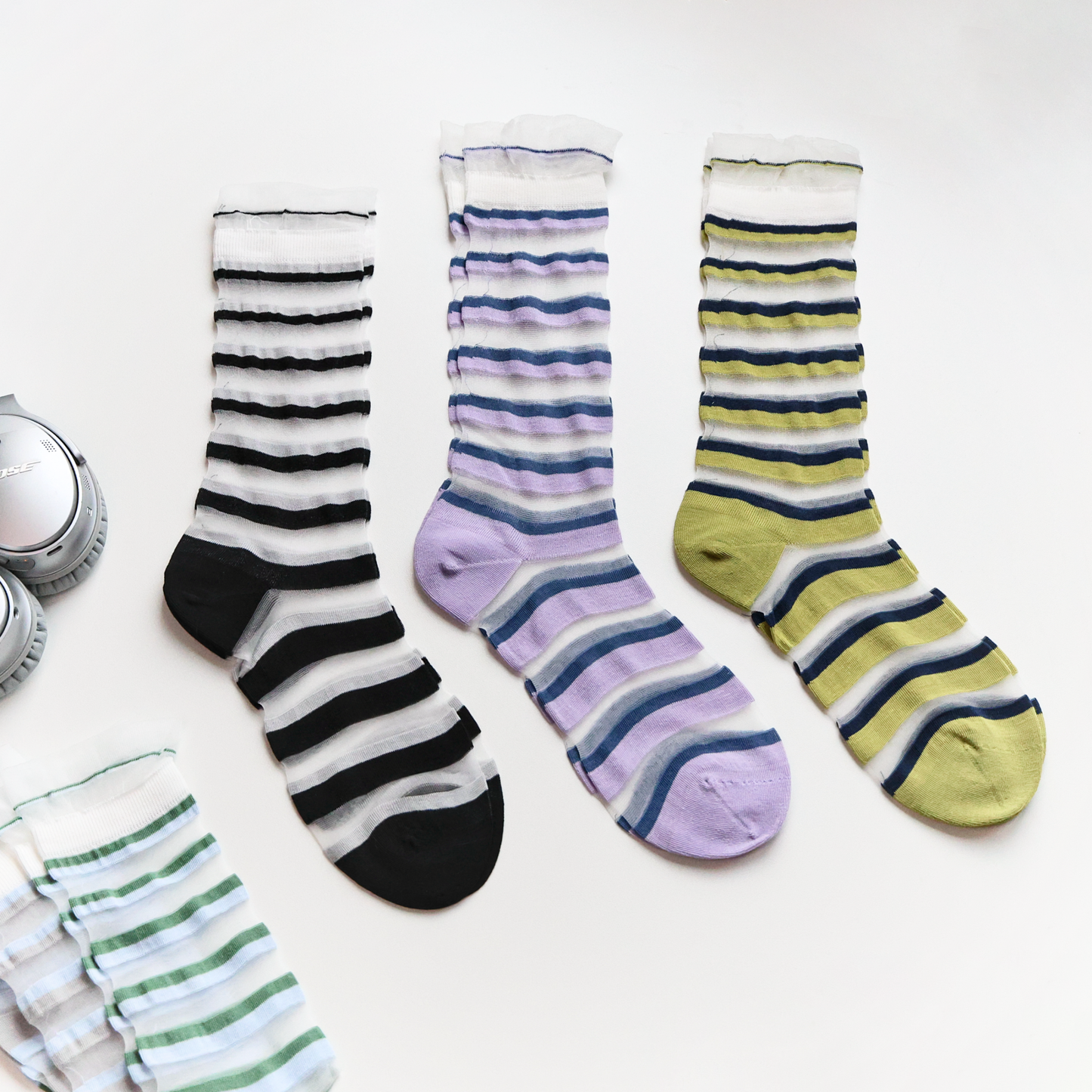 2-Pack Women's Sheer Stripe Summer Socks - Lightweight Mid-Calf Style