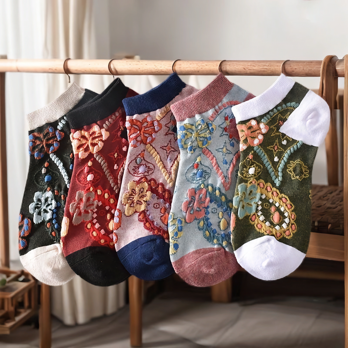 5-Pack Vintage Floral Women's Cotton Vibrant Ankle Socks