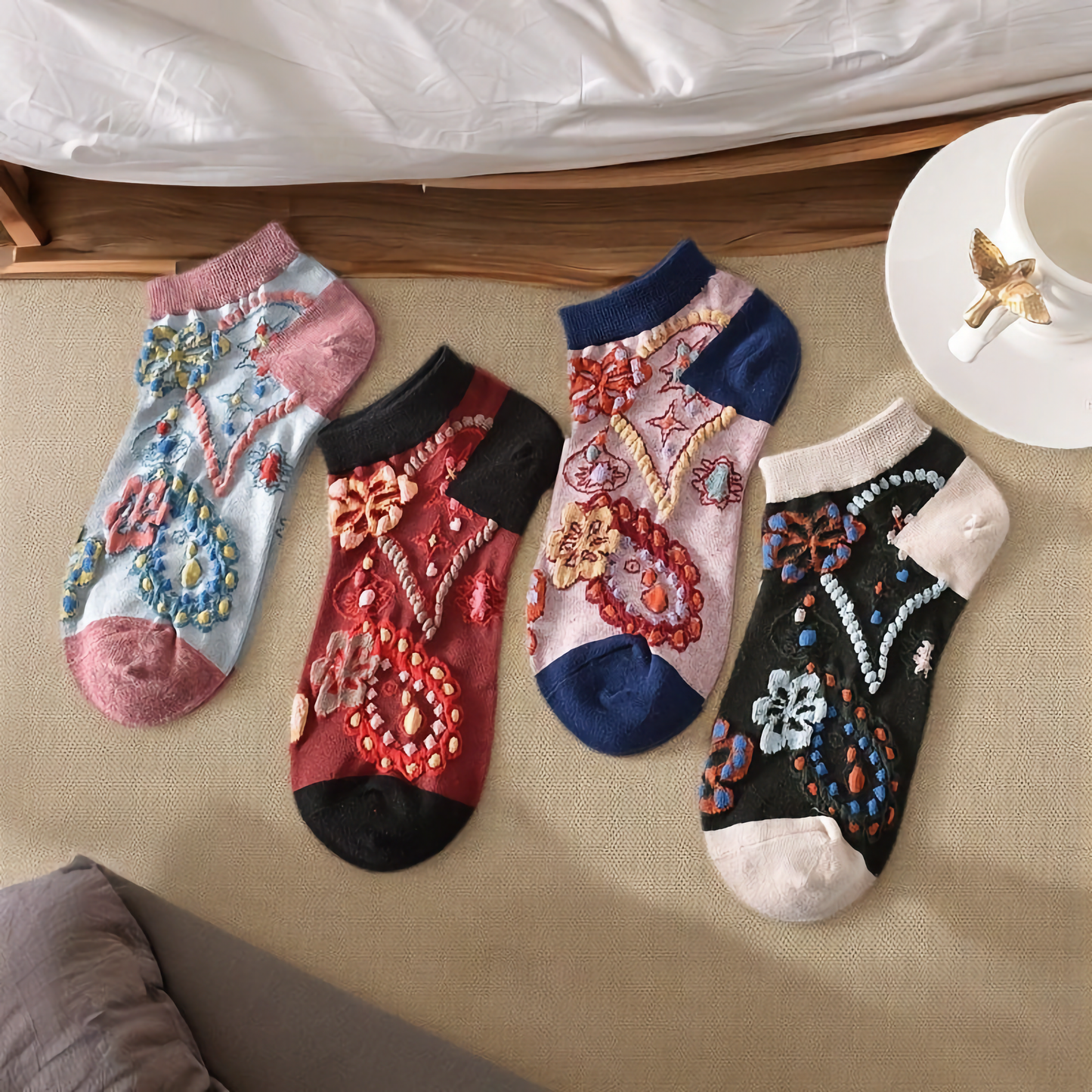 5-Pack Vintage Floral Women's Cotton Vibrant Ankle Socks