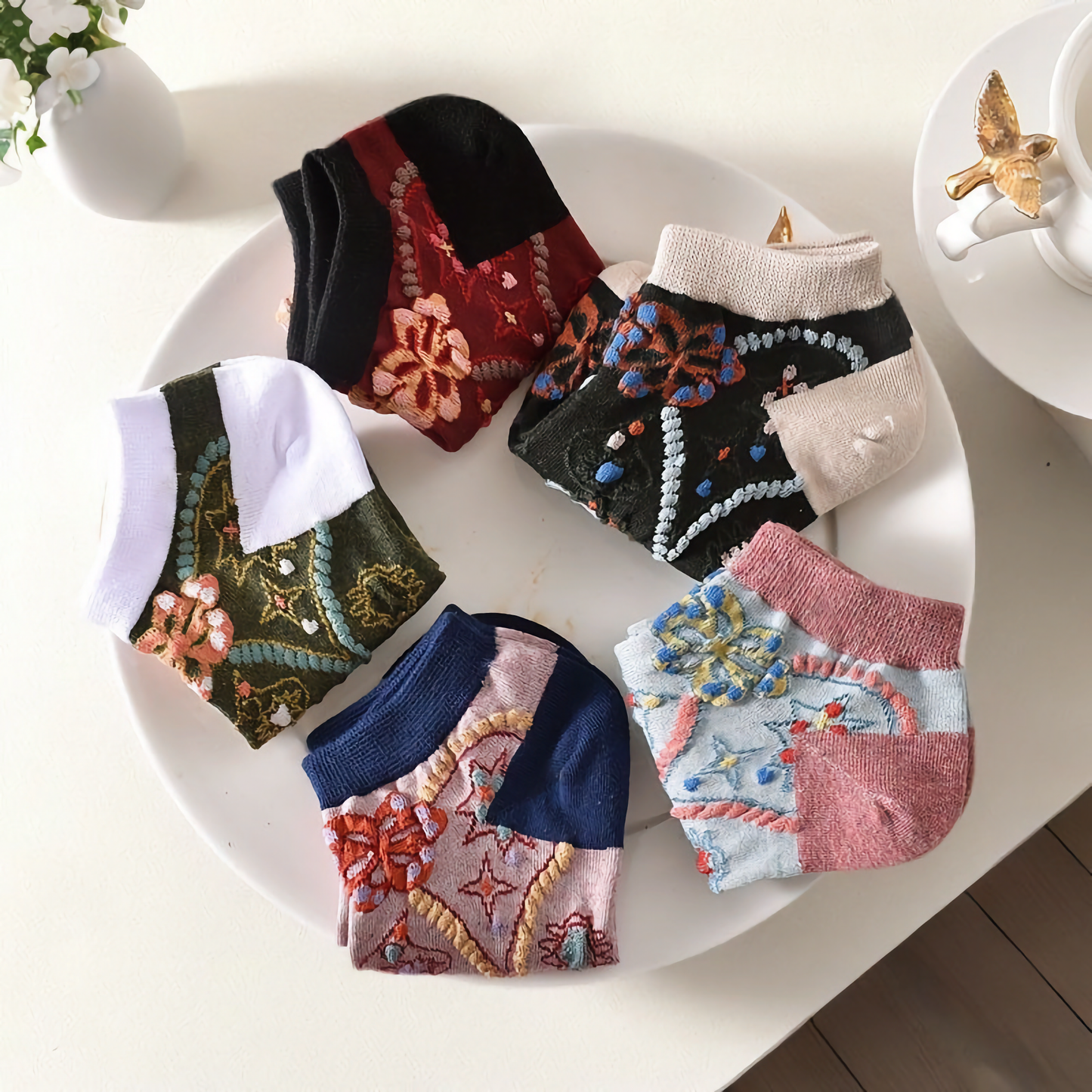 5-Pack Vintage Floral Women's Cotton Vibrant Ankle Socks