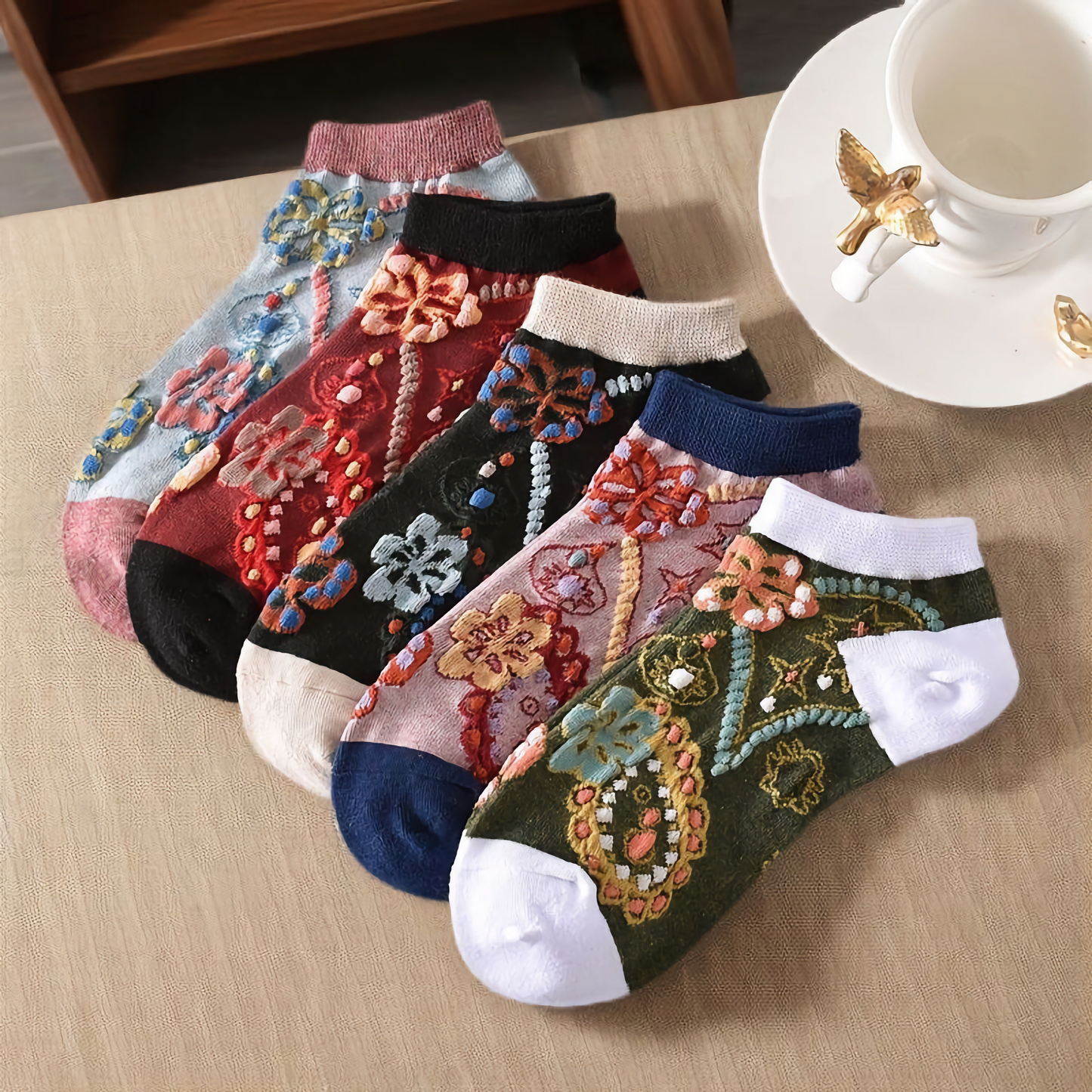 5-Pack Vintage Floral Women's Cotton Vibrant Ankle Socks