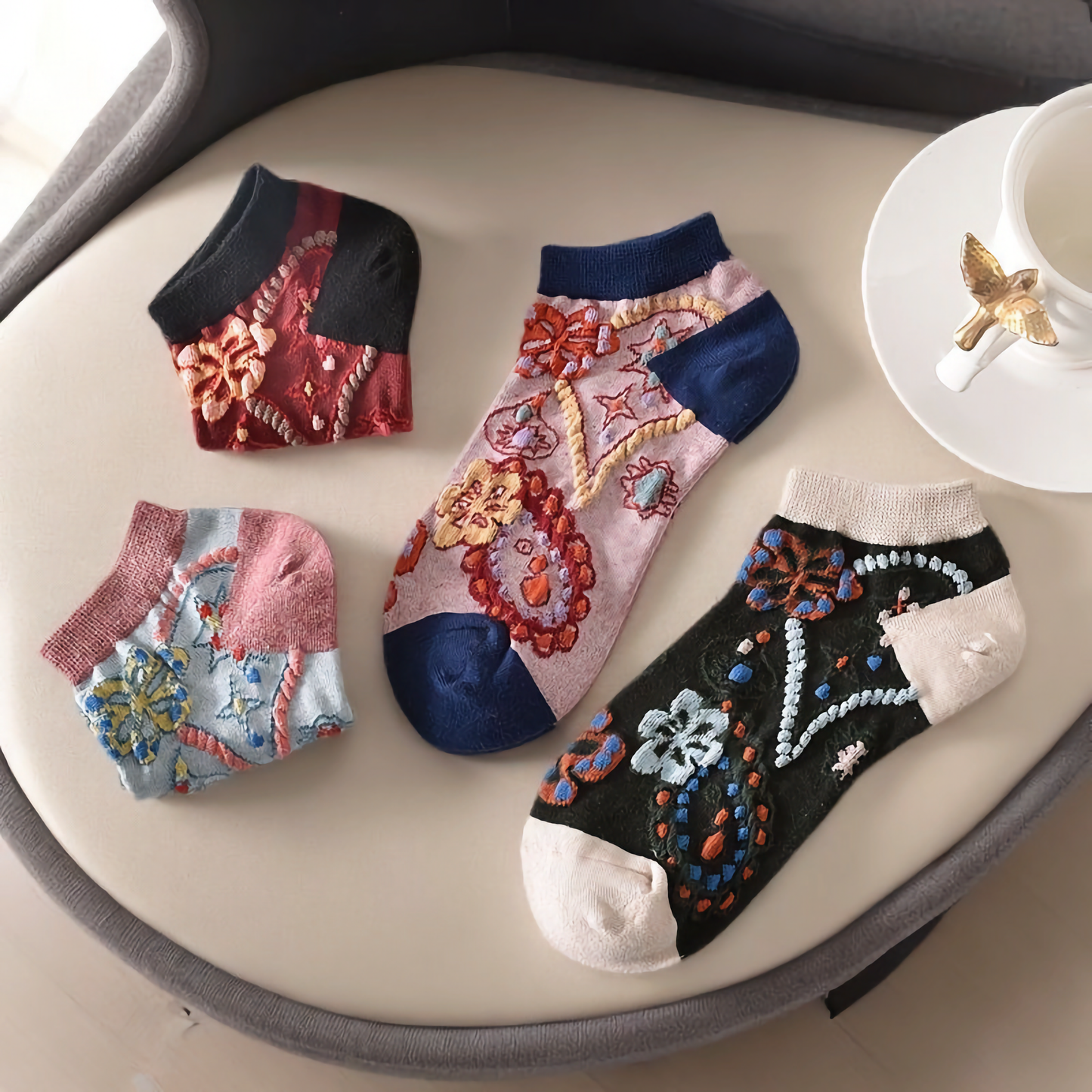 5-Pack Vintage Floral Women's Cotton Vibrant Ankle Socks