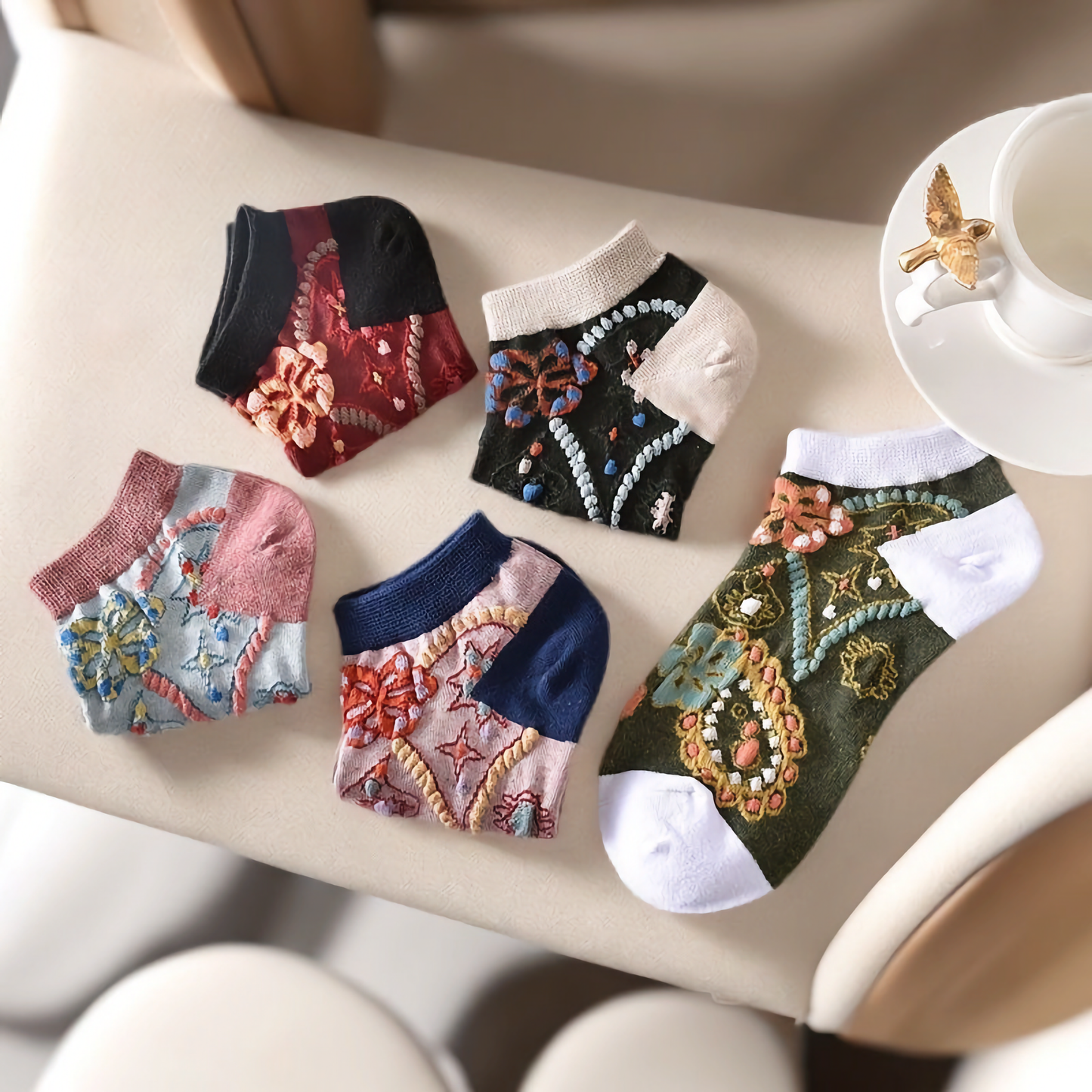 5-Pack Vintage Floral Women's Cotton Vibrant Ankle Socks