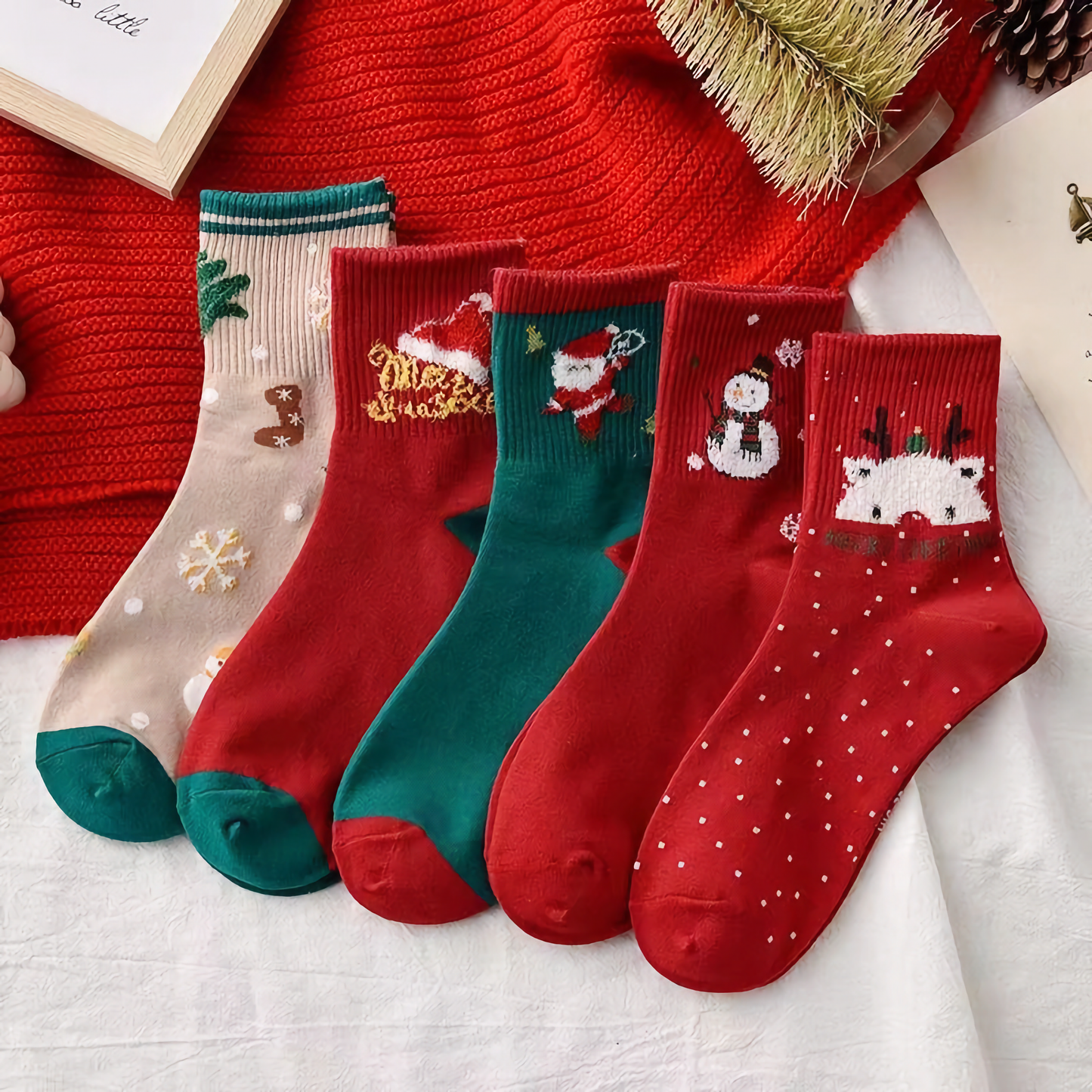 5-Pack Unisex Christmas Cotton Socks - Winter Festive Socks