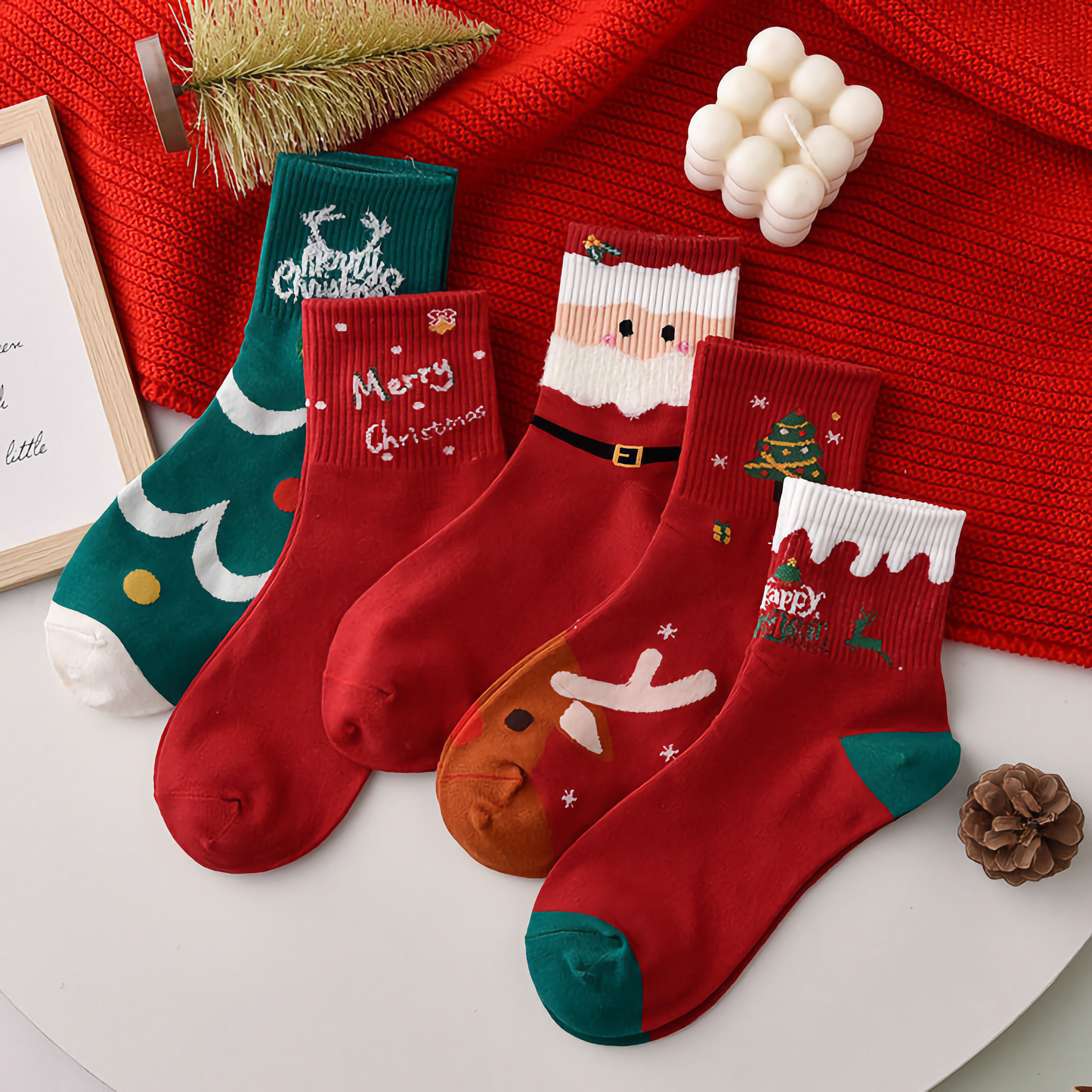 5-Pack Unisex Christmas Cotton Socks - Winter Festive Socks