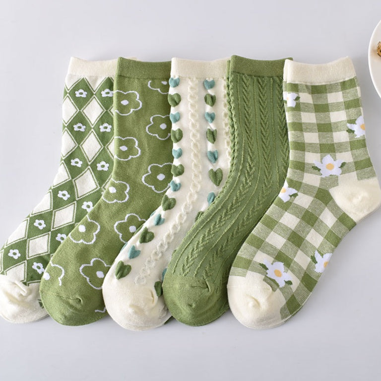 5-Pack Spring/Autumn Green Floral Crew Socks for Women