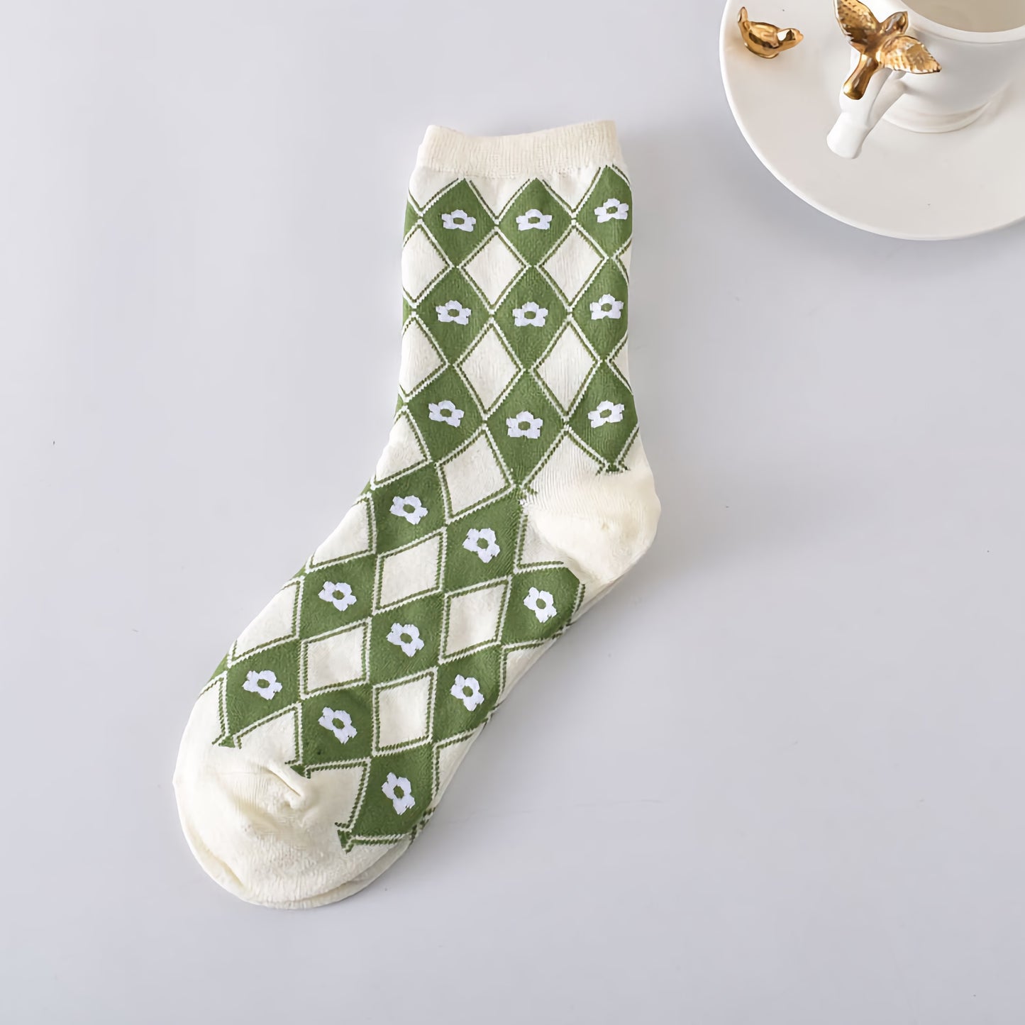 5-Pack Spring/Autumn Green Floral Crew Socks for Women