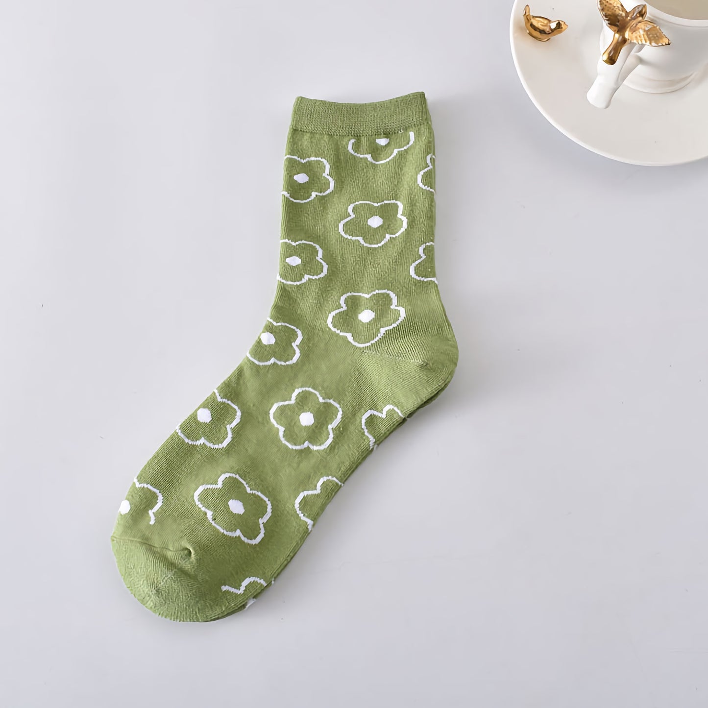 5-Pack Spring/Autumn Green Floral Crew Socks for Women