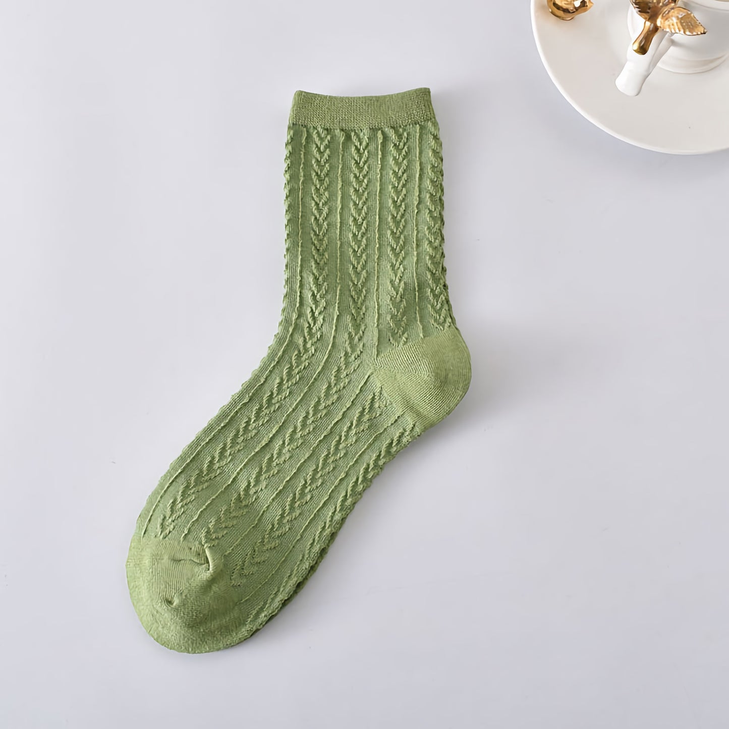 5-Pack Spring/Autumn Green Floral Crew Socks for Women