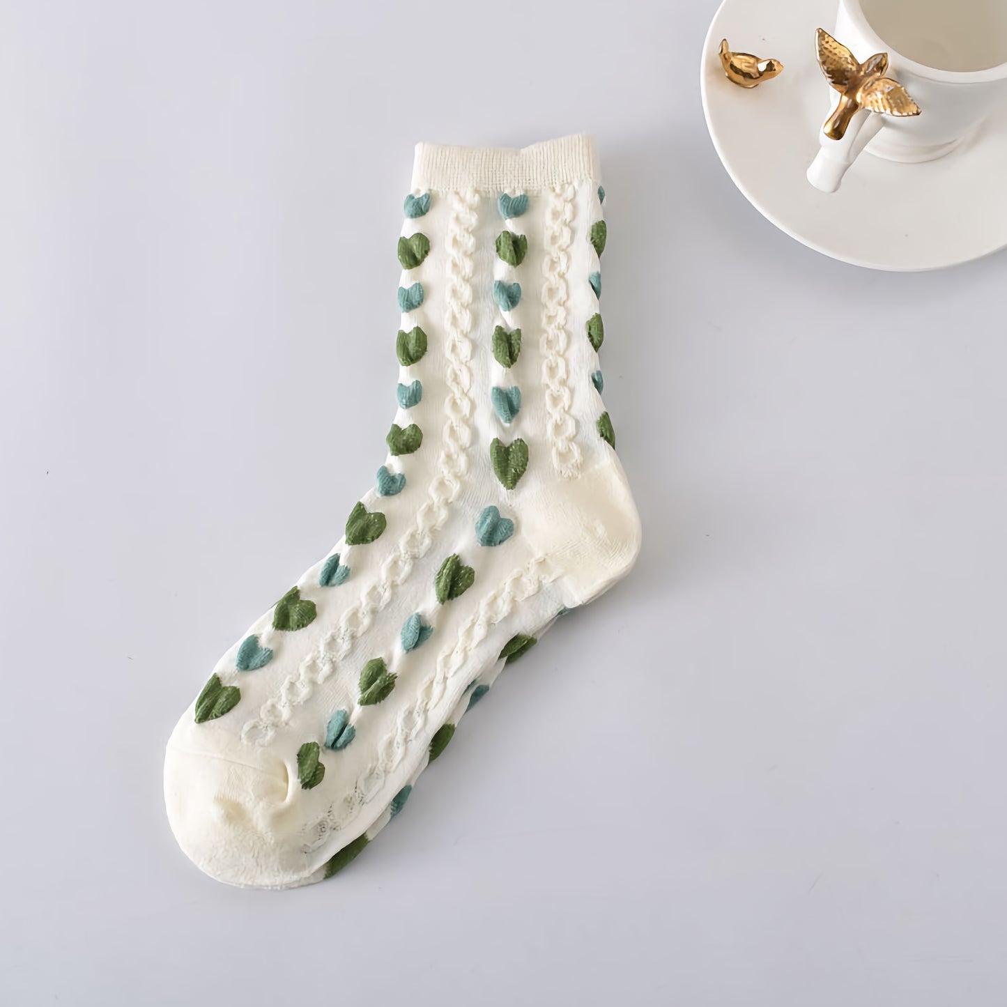 5-Pack Spring/Autumn Green Floral Crew Socks for Women