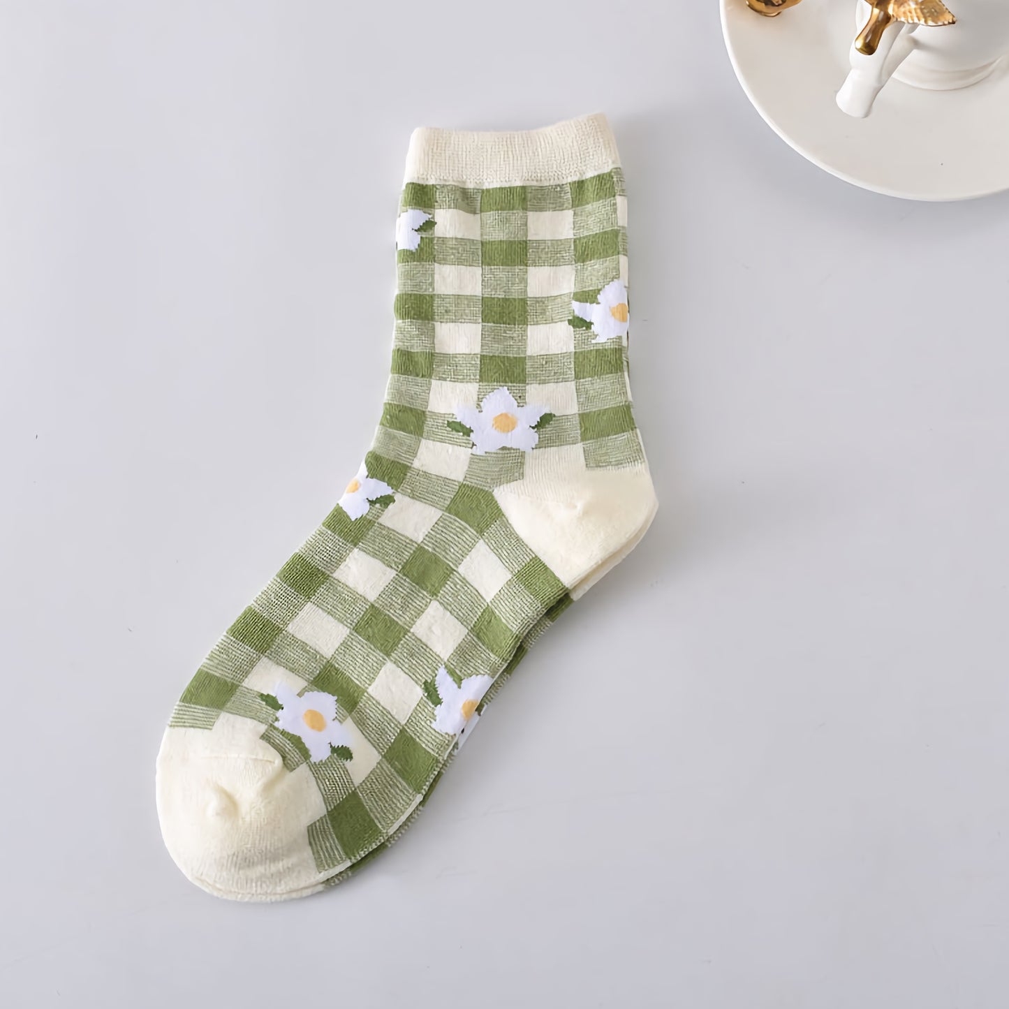 5-Pack Spring/Autumn Green Floral Crew Socks for Women