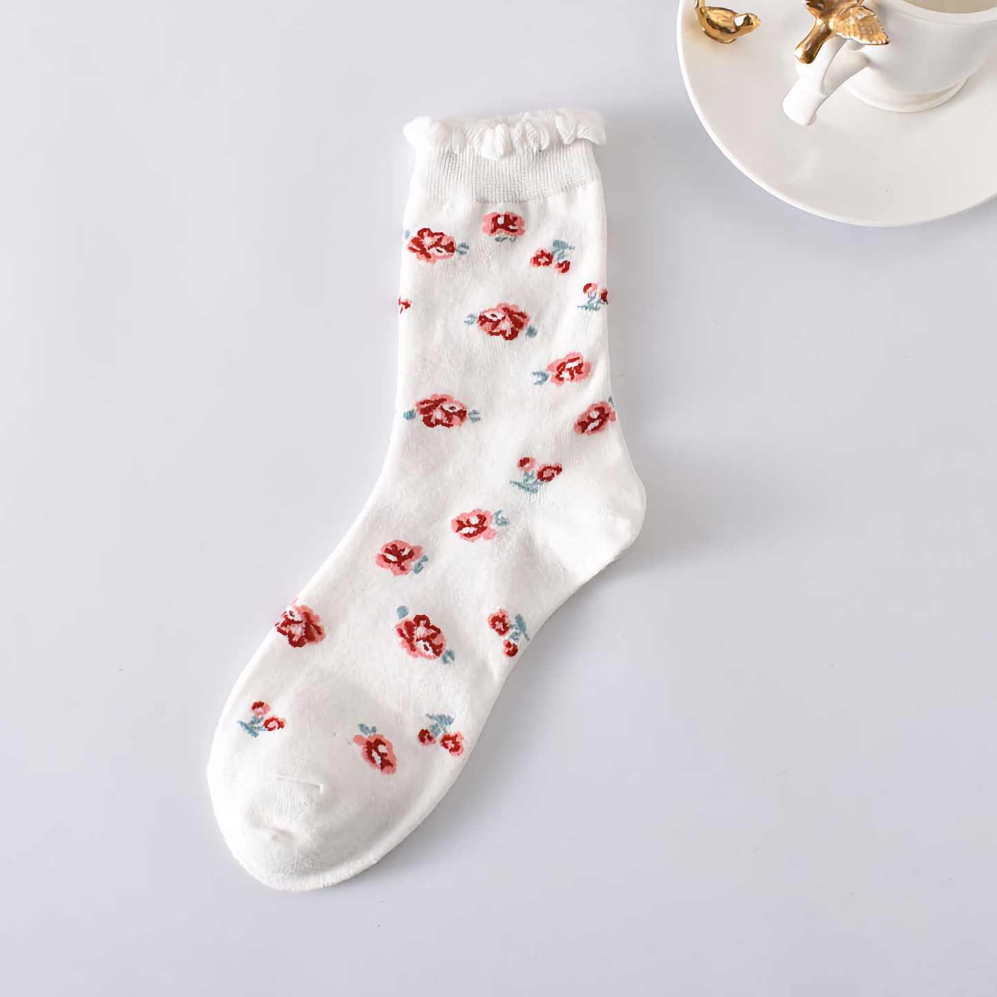5-Pack Floral Cotton Crew Socks – Black & White Set