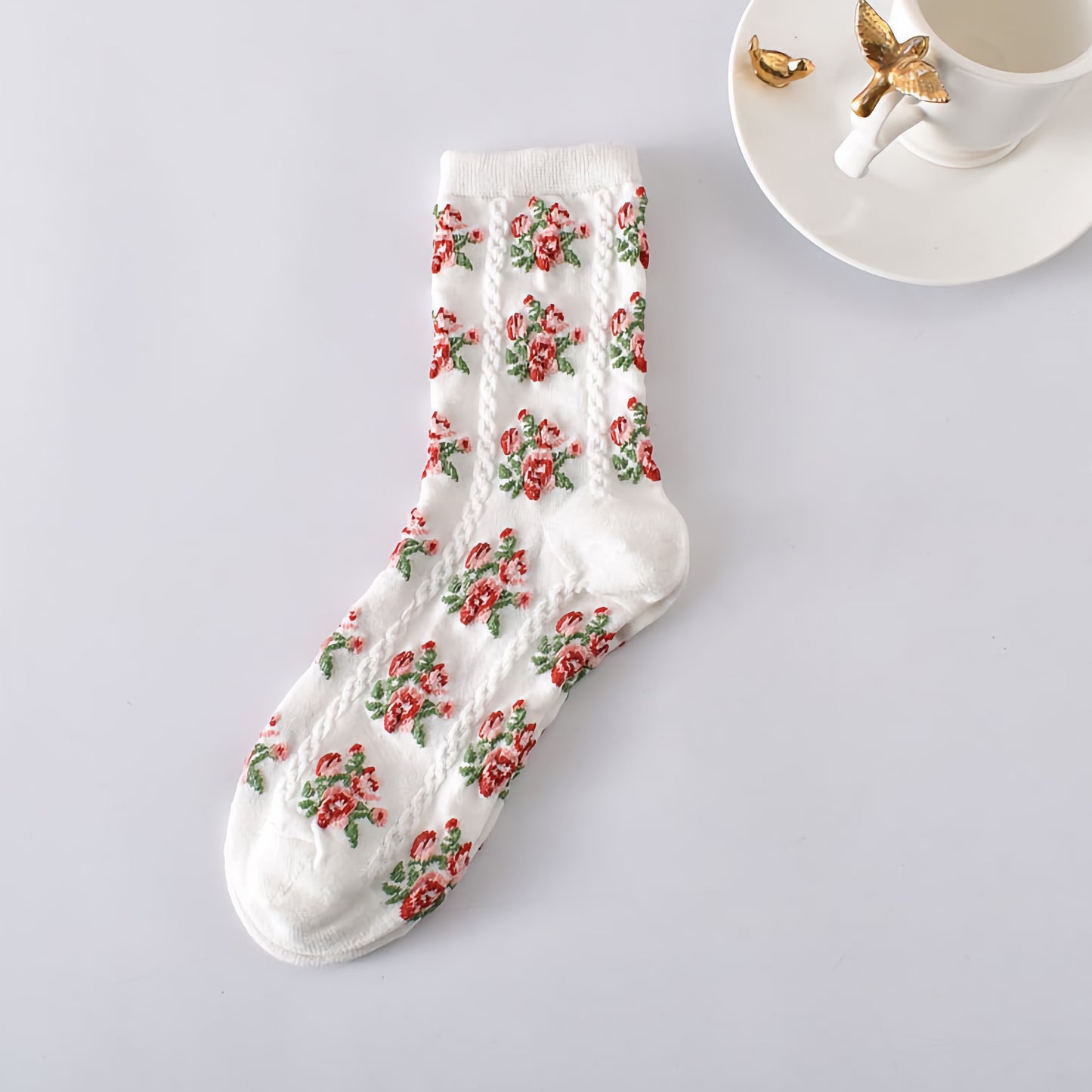5-Pack Floral Cotton Crew Socks – Black & White Set
