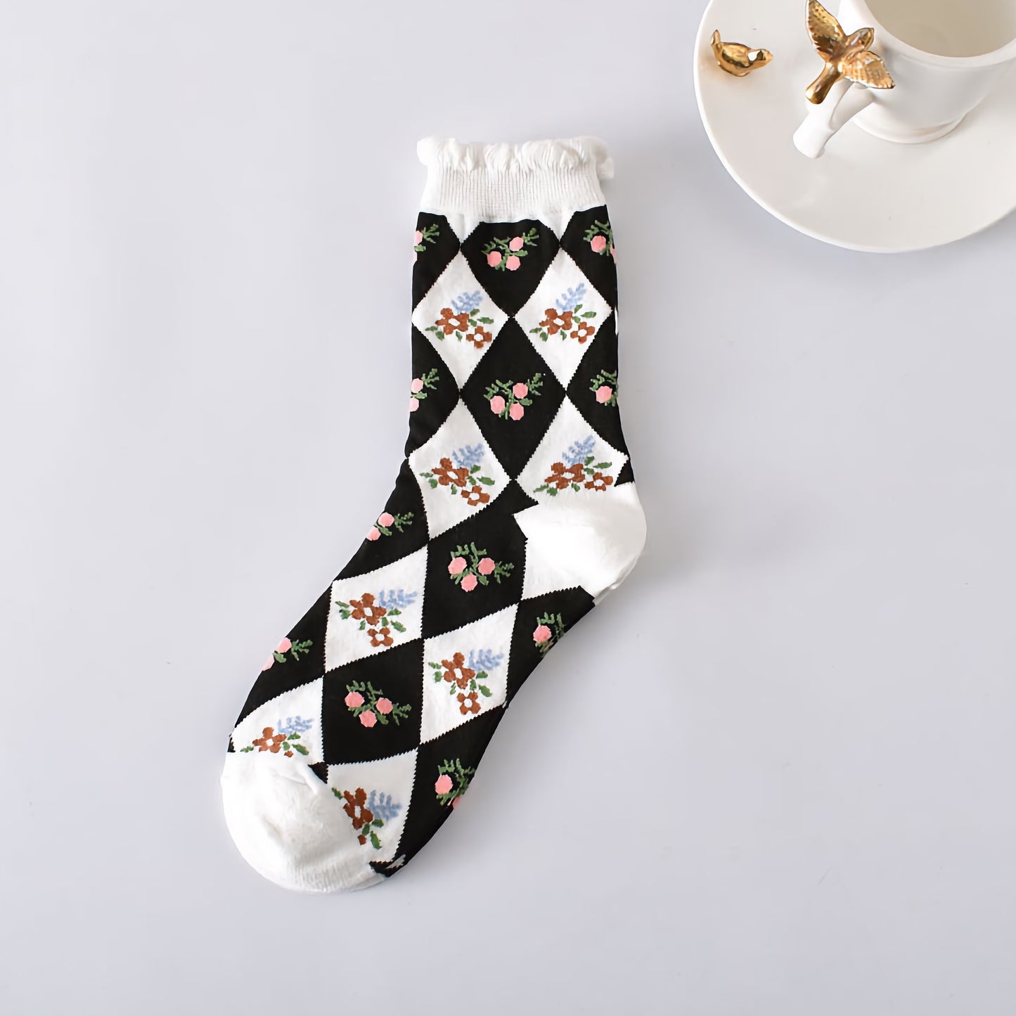5-Pack Floral Cotton Crew Socks – Black & White Set