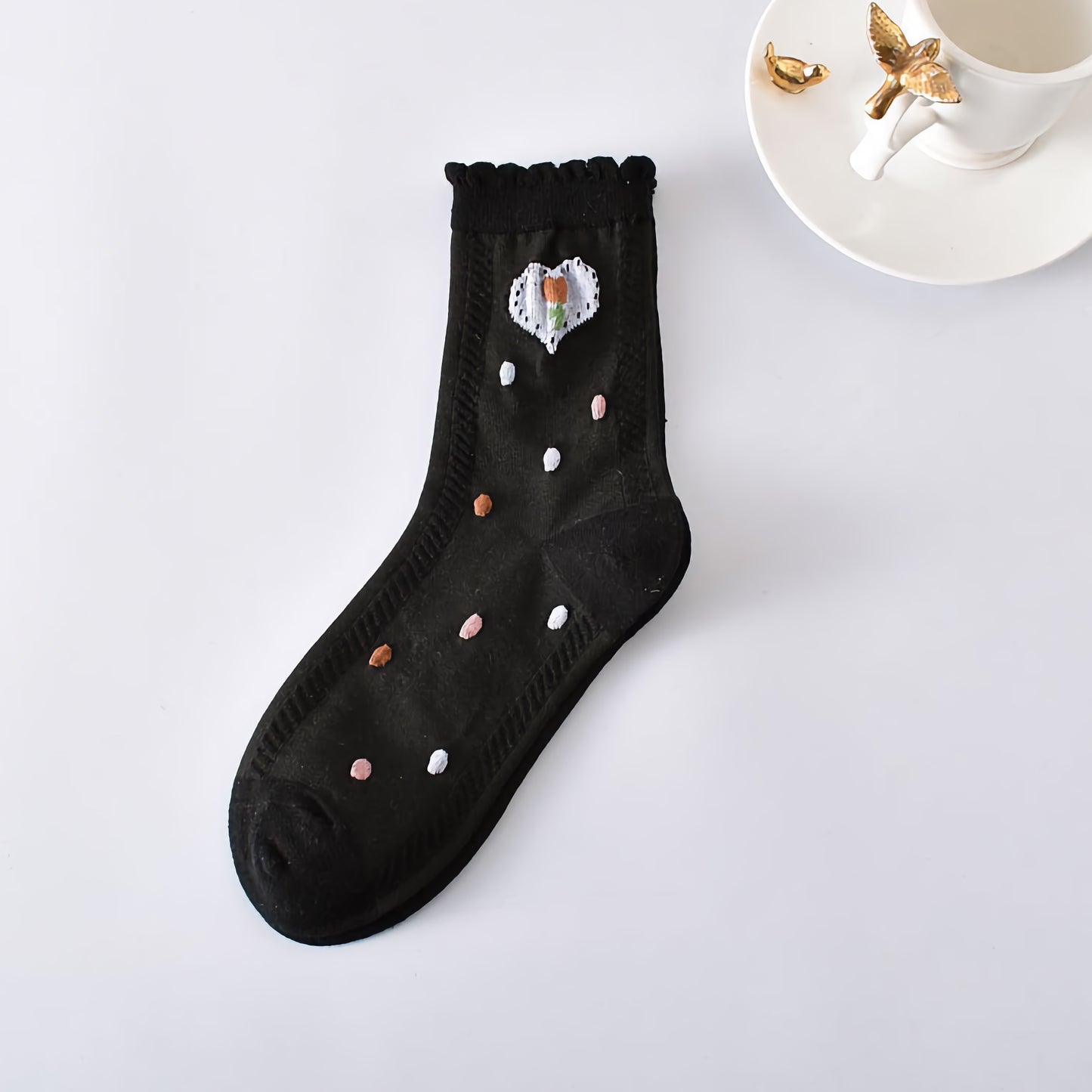 5-Pack Floral Cotton Crew Socks – Black & White Set