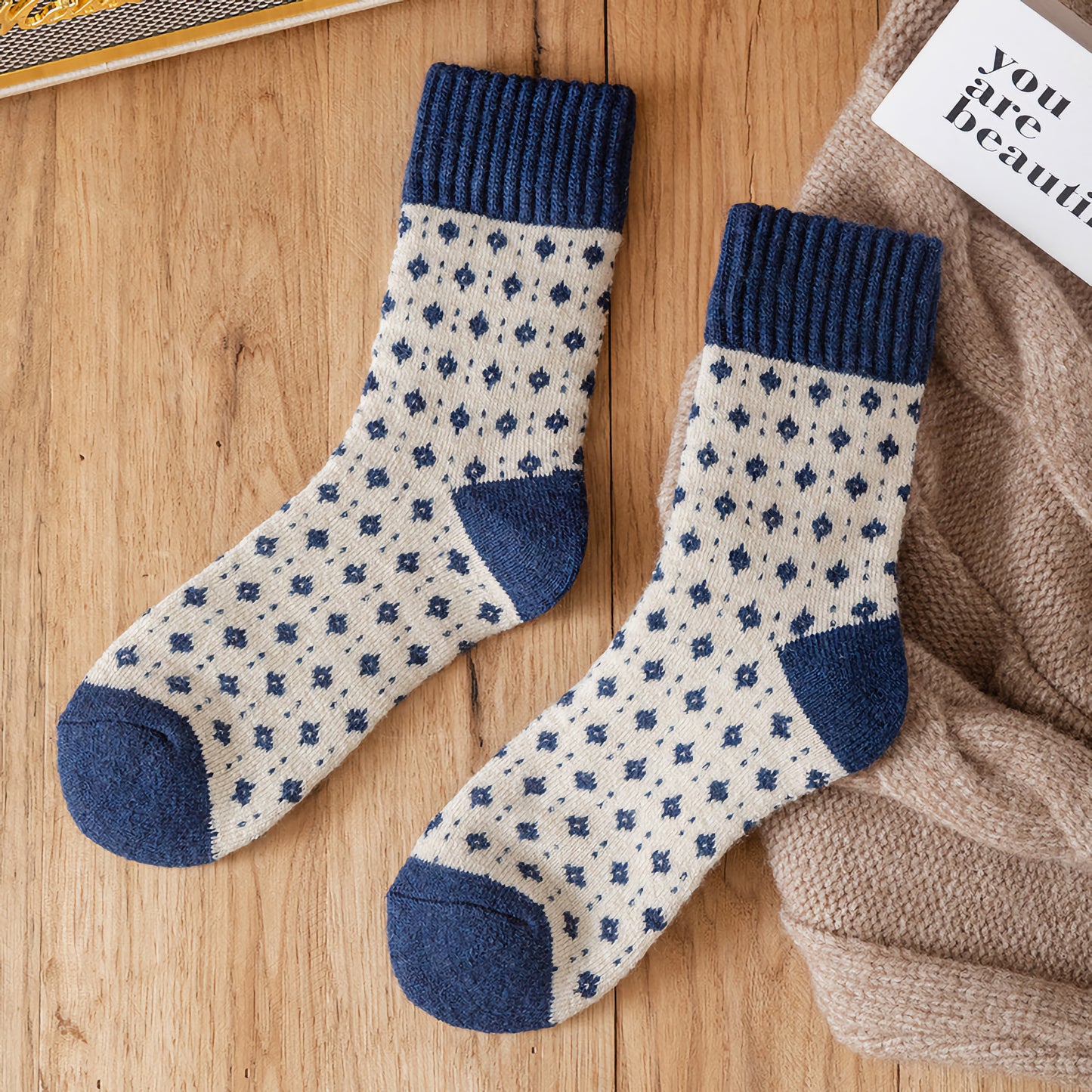 2-Pack Women's Blue Wool Socks: Thickened Wool Winter Warmth Socks