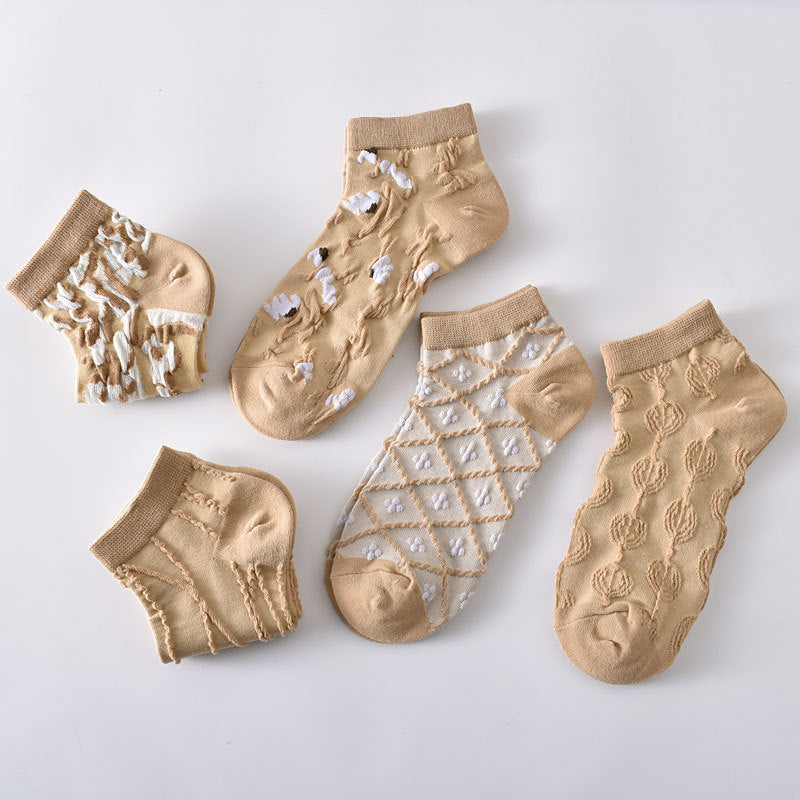 5-Pack Brown Ankle Socks: Knitted Cotton Low Cut Comfort