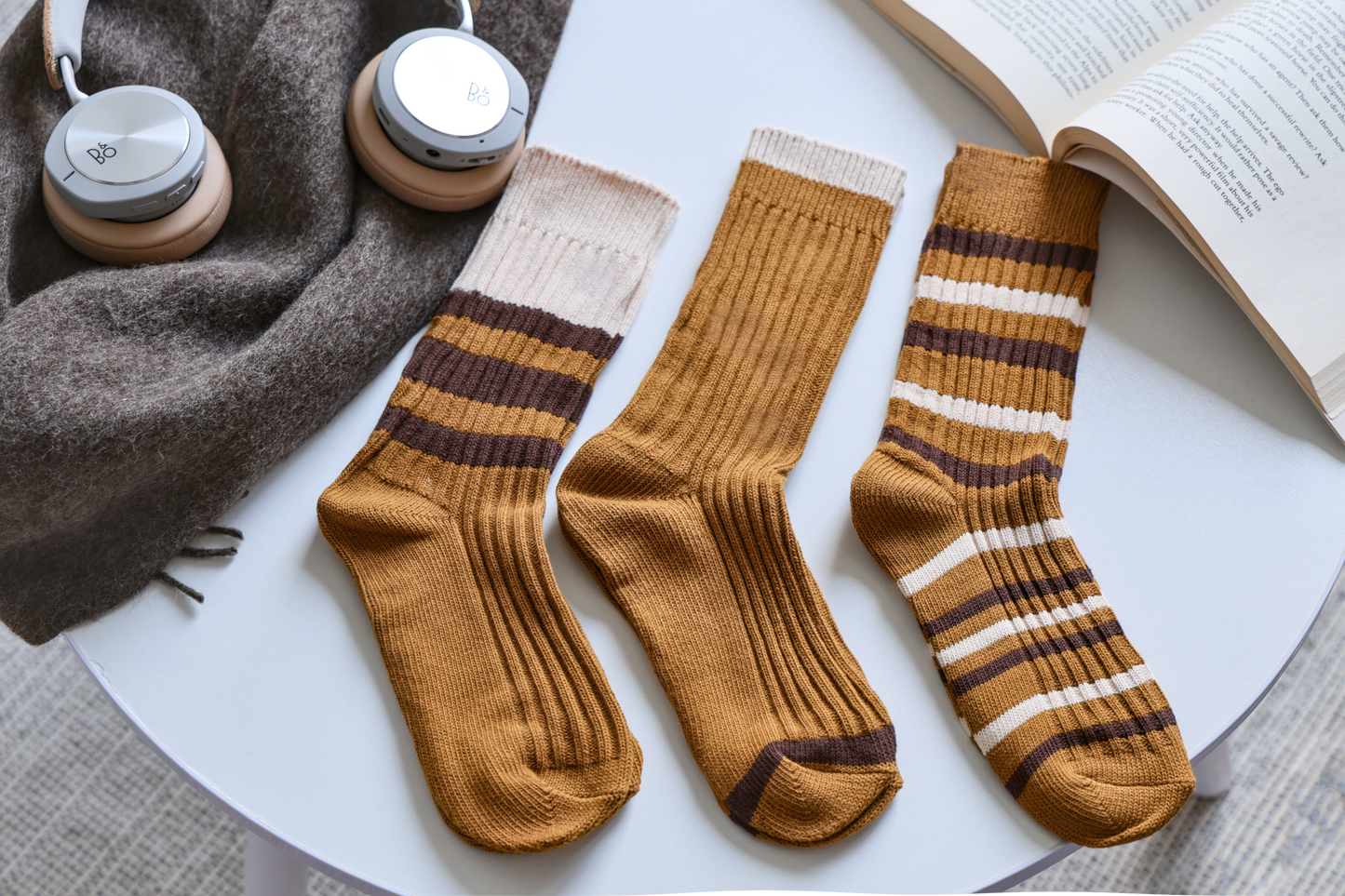 2-Pack Brown Striped Socks: Knitted Cotton Crew Elegance for Women