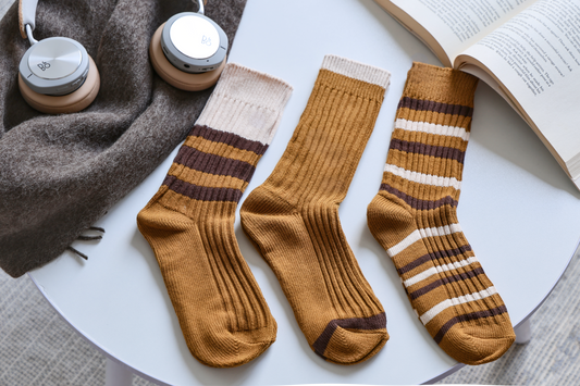 2-Pack Brown Striped Socks: Knitted Cotton Crew Elegance for Women