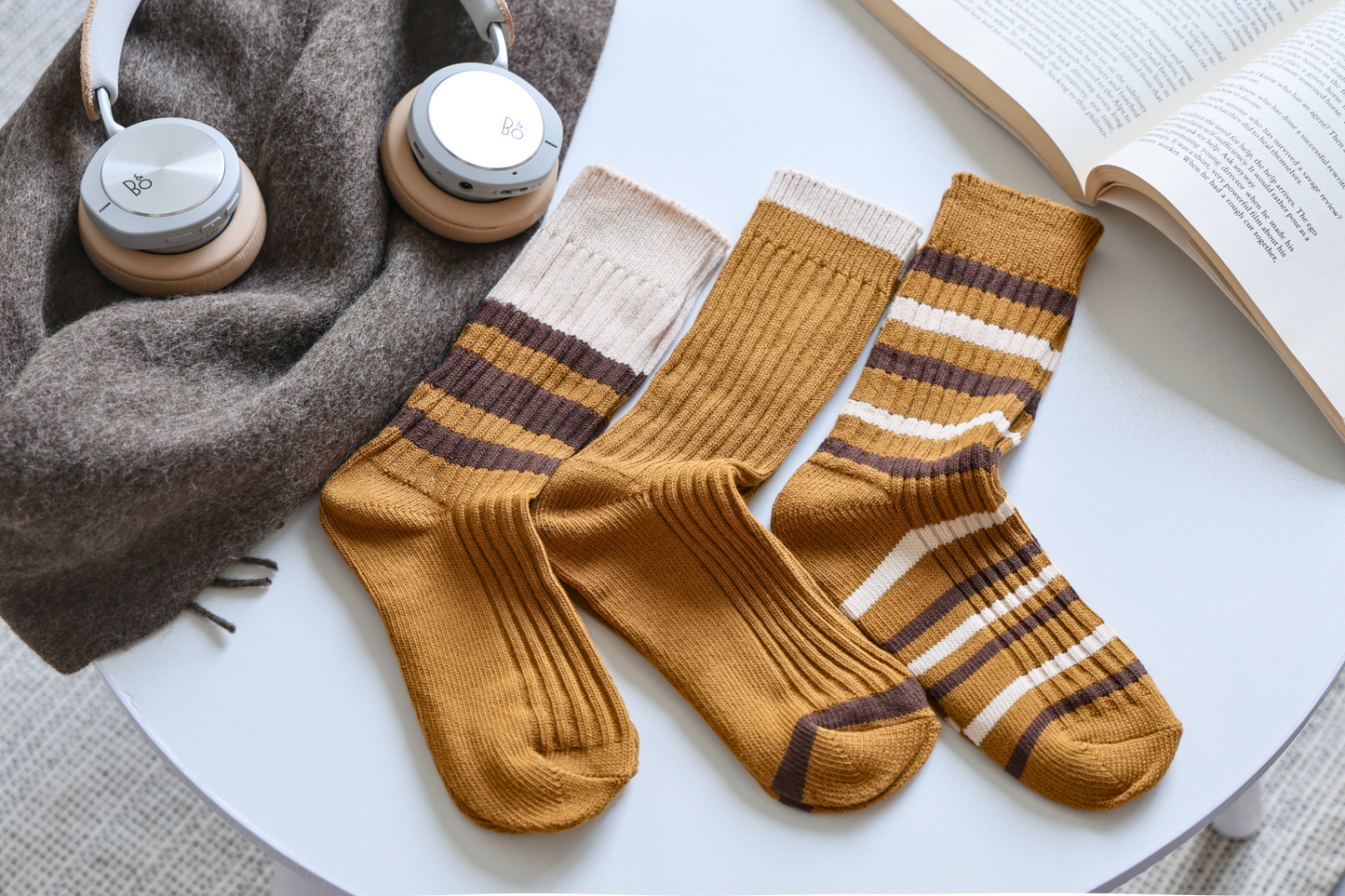2-Pack Brown Striped Socks: Knitted Cotton Crew Elegance for Women