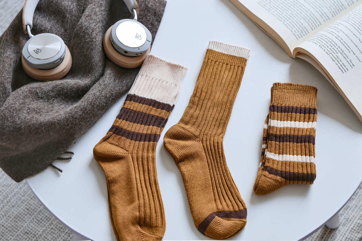 2-Pack Brown Striped Socks: Knitted Cotton Crew Elegance for Women