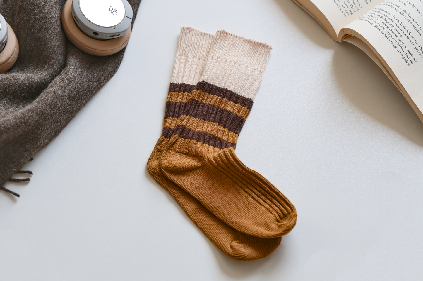 2-Pack Brown Striped Socks: Knitted Cotton Crew Elegance for Women