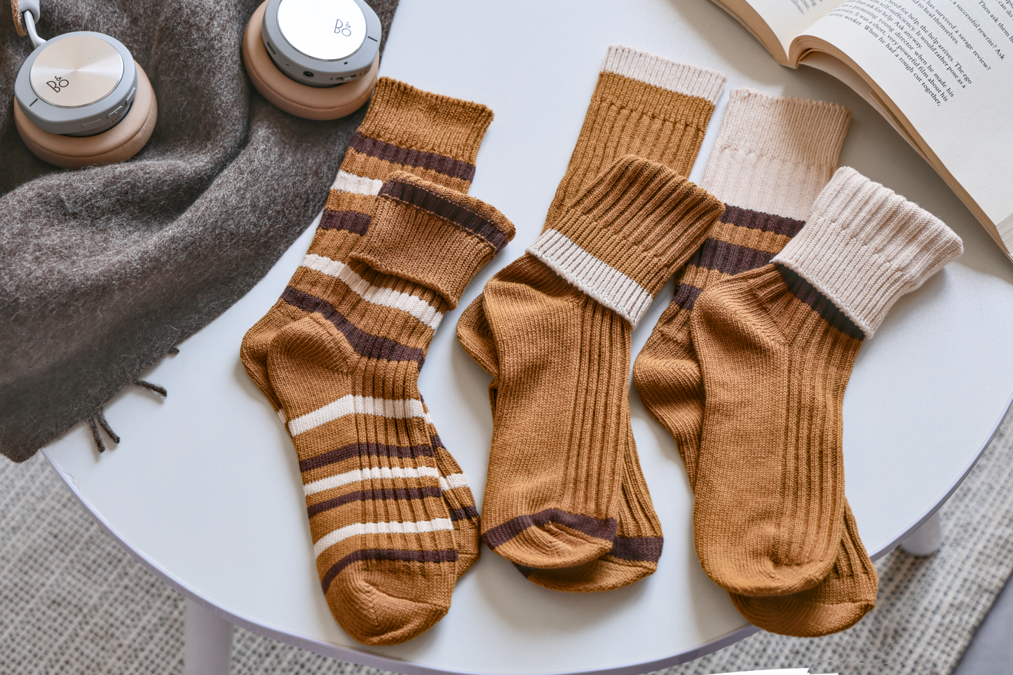 2-Pack Brown Striped Socks: Knitted Cotton Crew Elegance for Women
