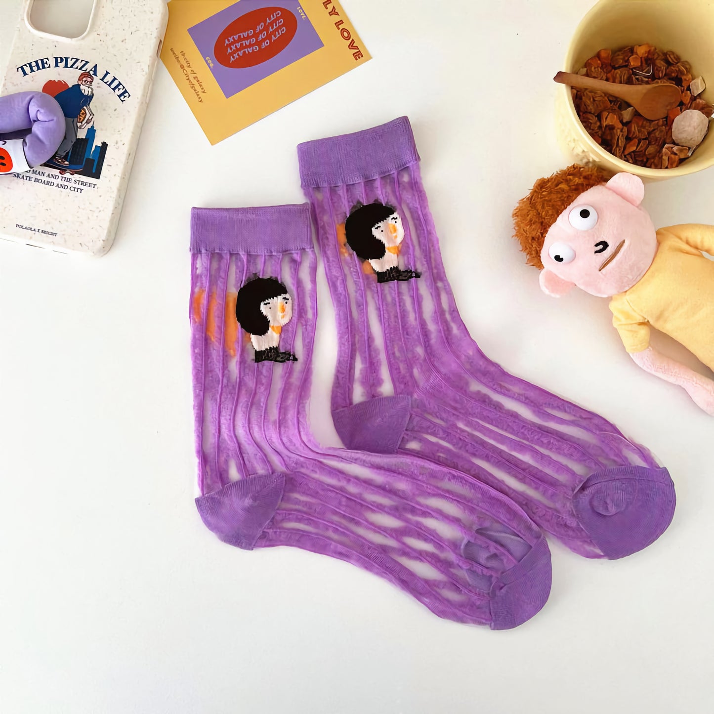 2-Pack Women’s Mesh Sheer Socks – Fun Cartoon Look for Summer