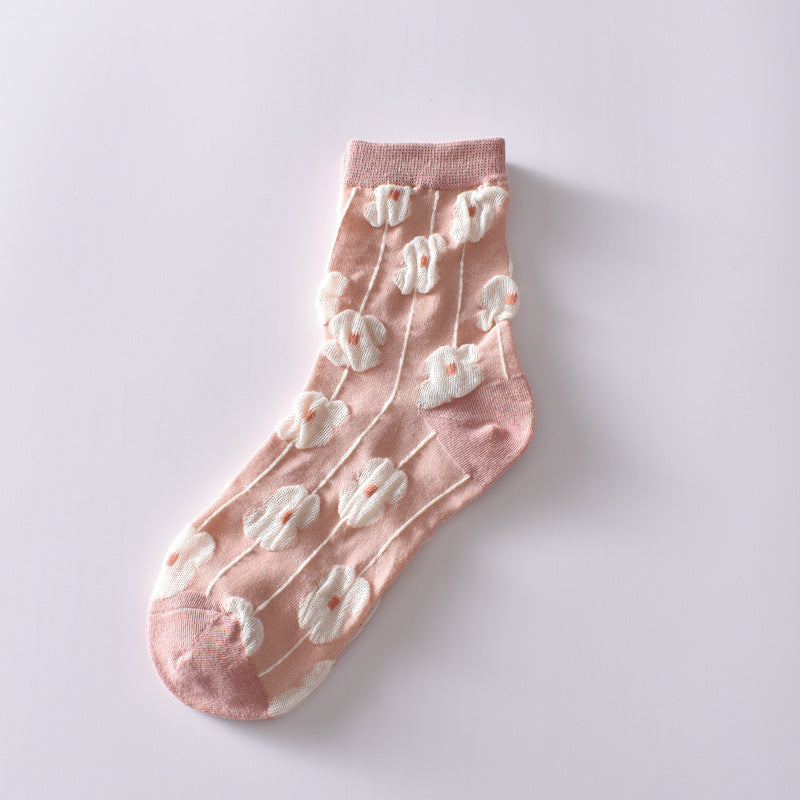 5-Pack Pink Flower Socks: Vintage Knitted Crew Coziness for Women