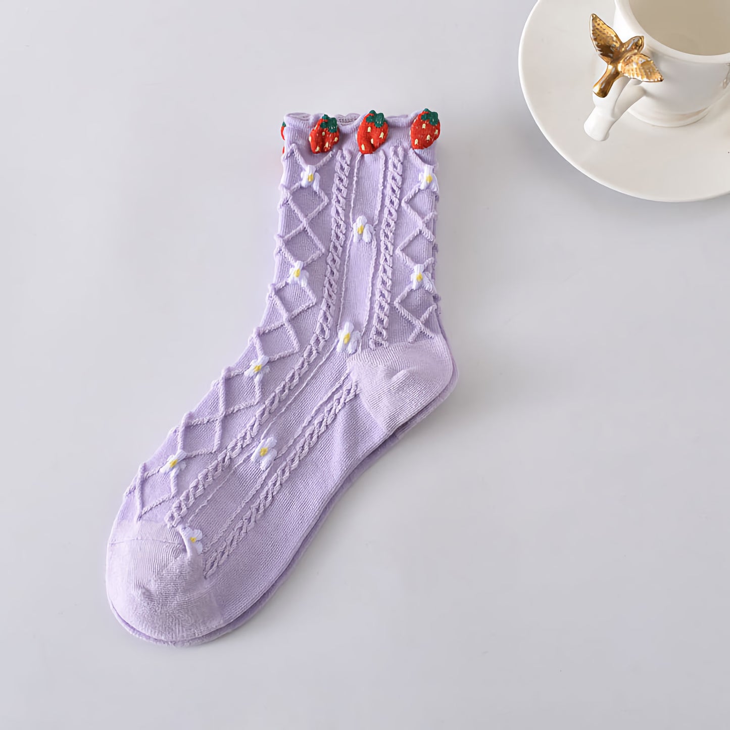 5-Pack Cute Strawberry Cotton Crew Socks for All Seasons