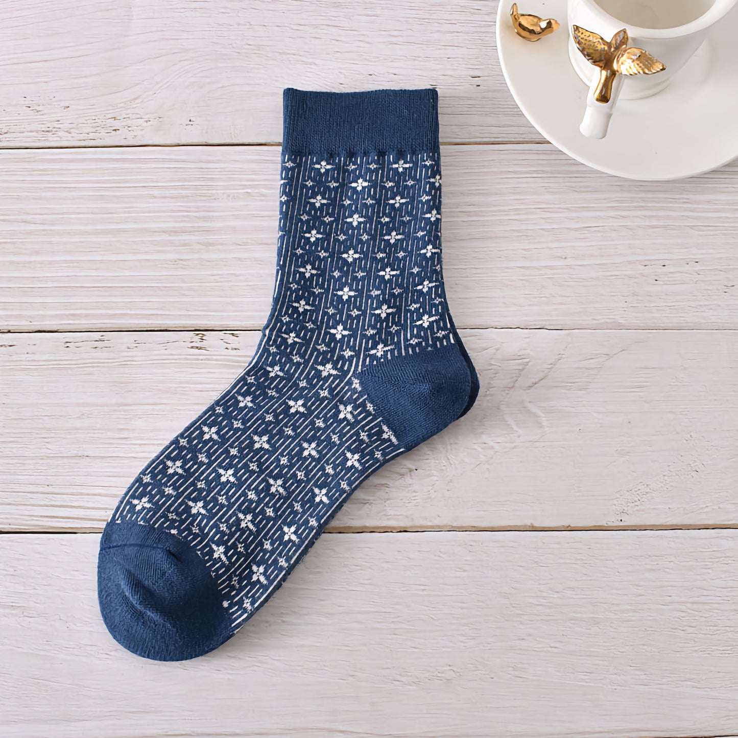 5-Pack Autumn/Winter Dark Blue Cotton Crew Socks for Women