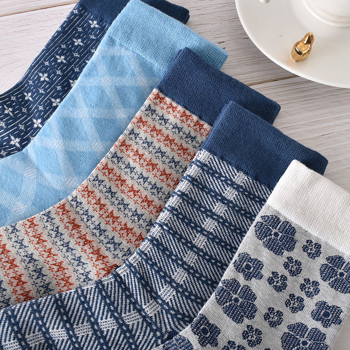 5-Pack Autumn/Winter Dark Blue Cotton Crew Socks for Women