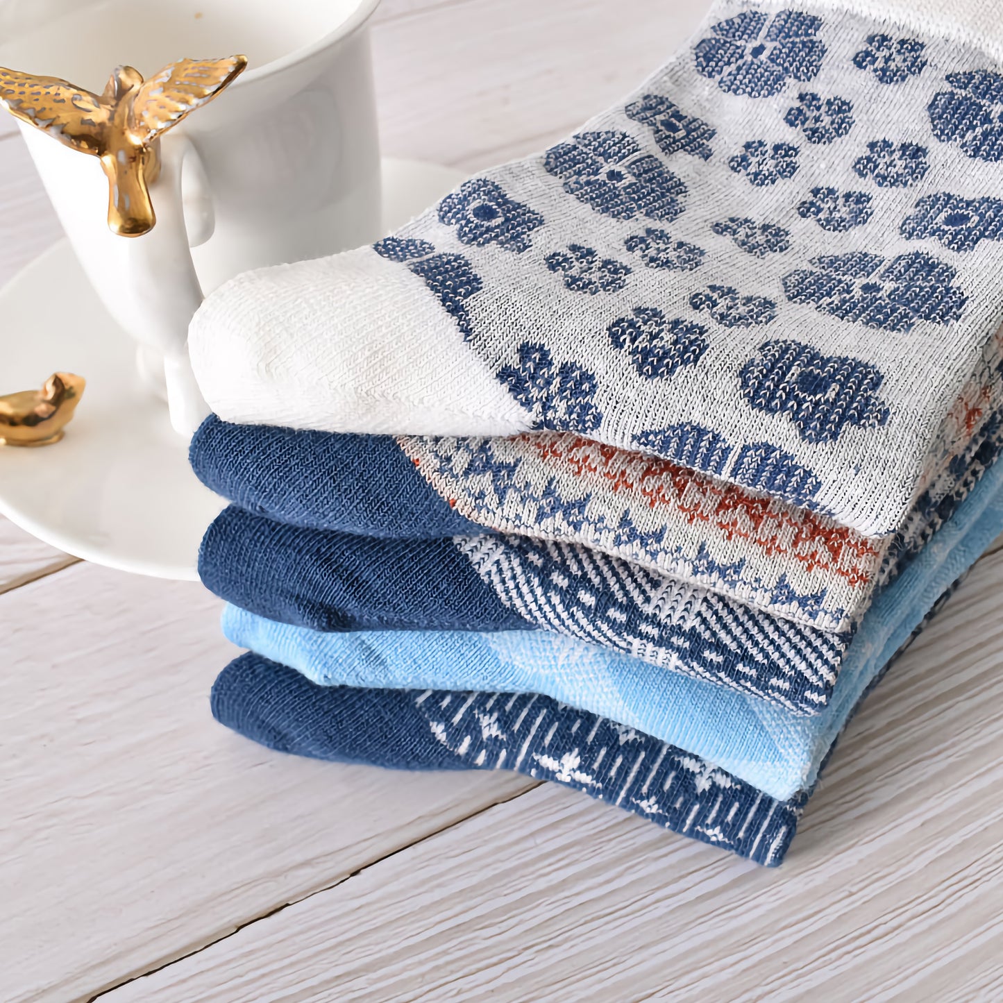 5-Pack Autumn/Winter Dark Blue Cotton Crew Socks for Women