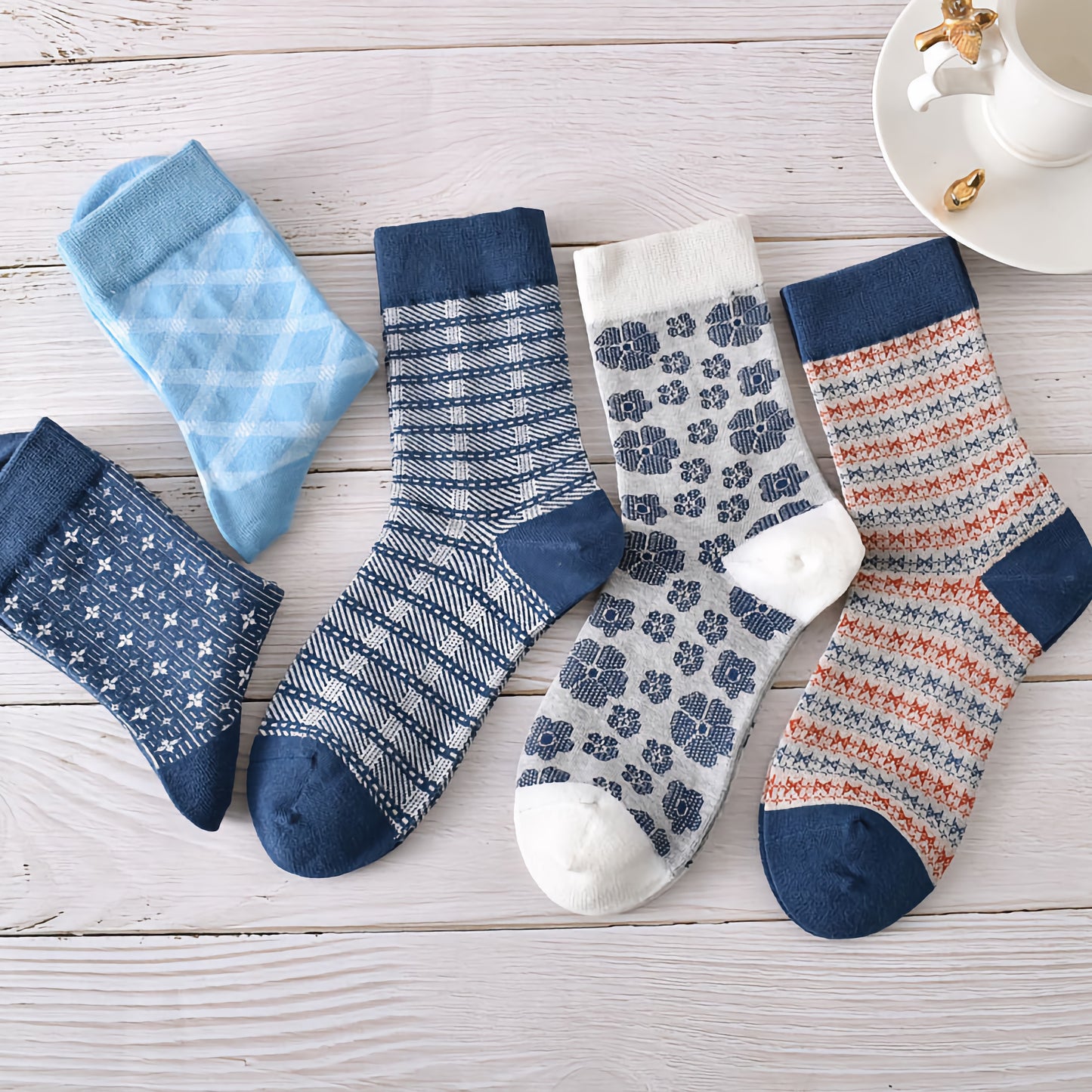 5-Pack Autumn/Winter Dark Blue Cotton Crew Socks for Women