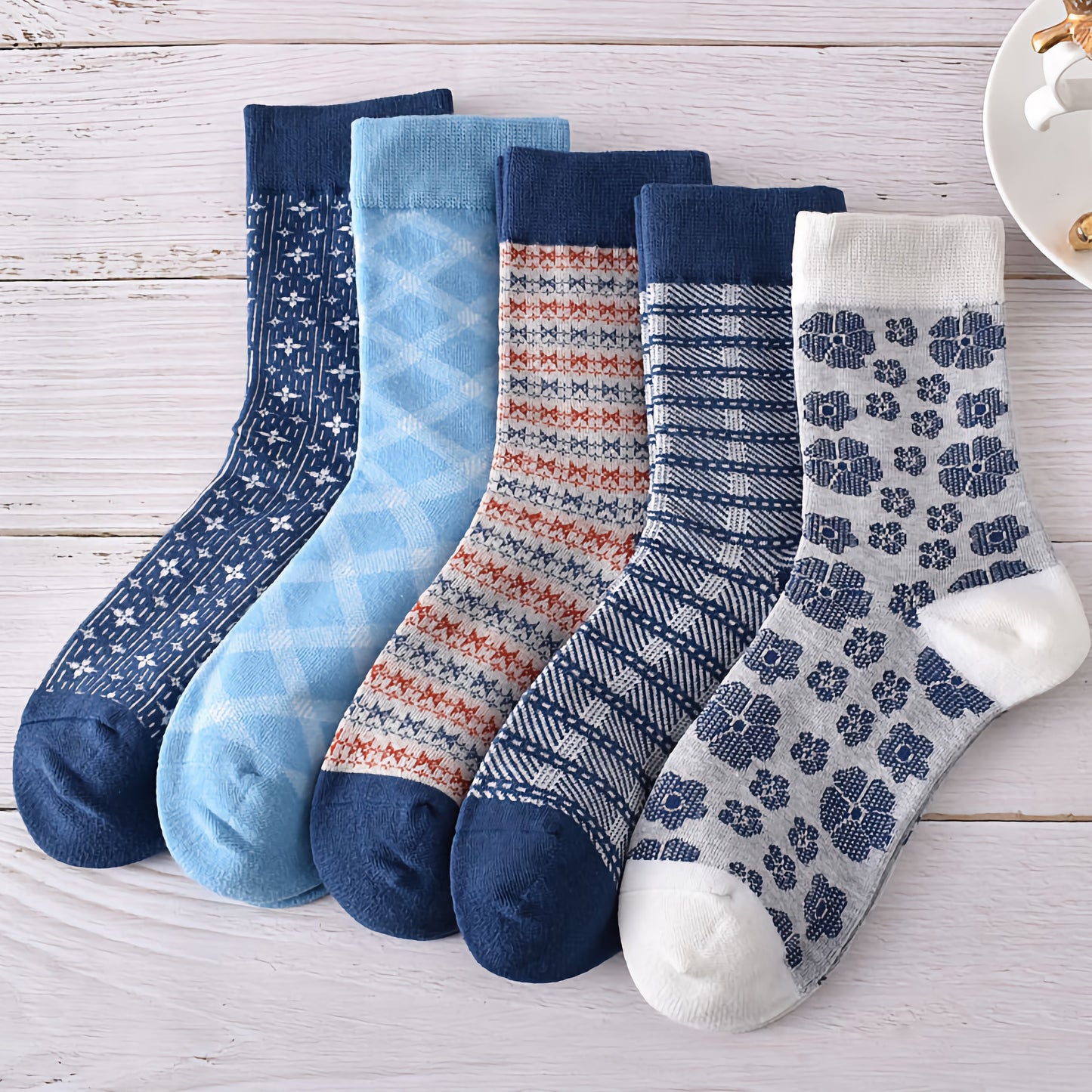 5-Pack Autumn/Winter Dark Blue Cotton Crew Socks for Women