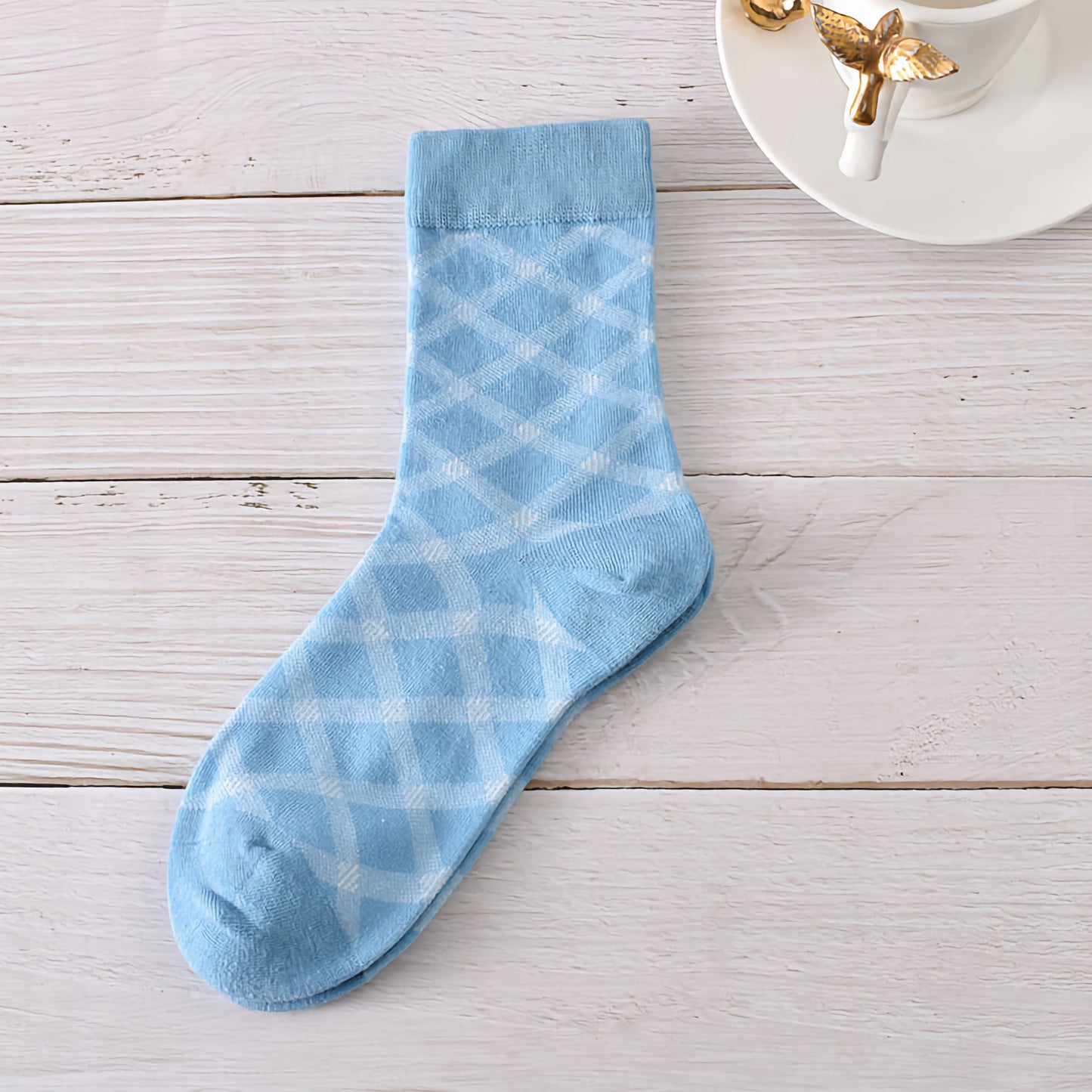 5-Pack Autumn/Winter Dark Blue Cotton Crew Socks for Women