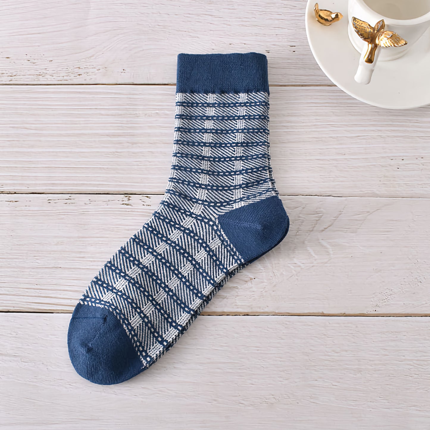 5-Pack Autumn/Winter Dark Blue Cotton Crew Socks for Women