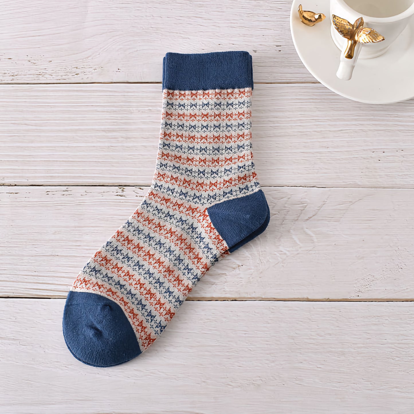 5-Pack Autumn/Winter Dark Blue Cotton Crew Socks for Women