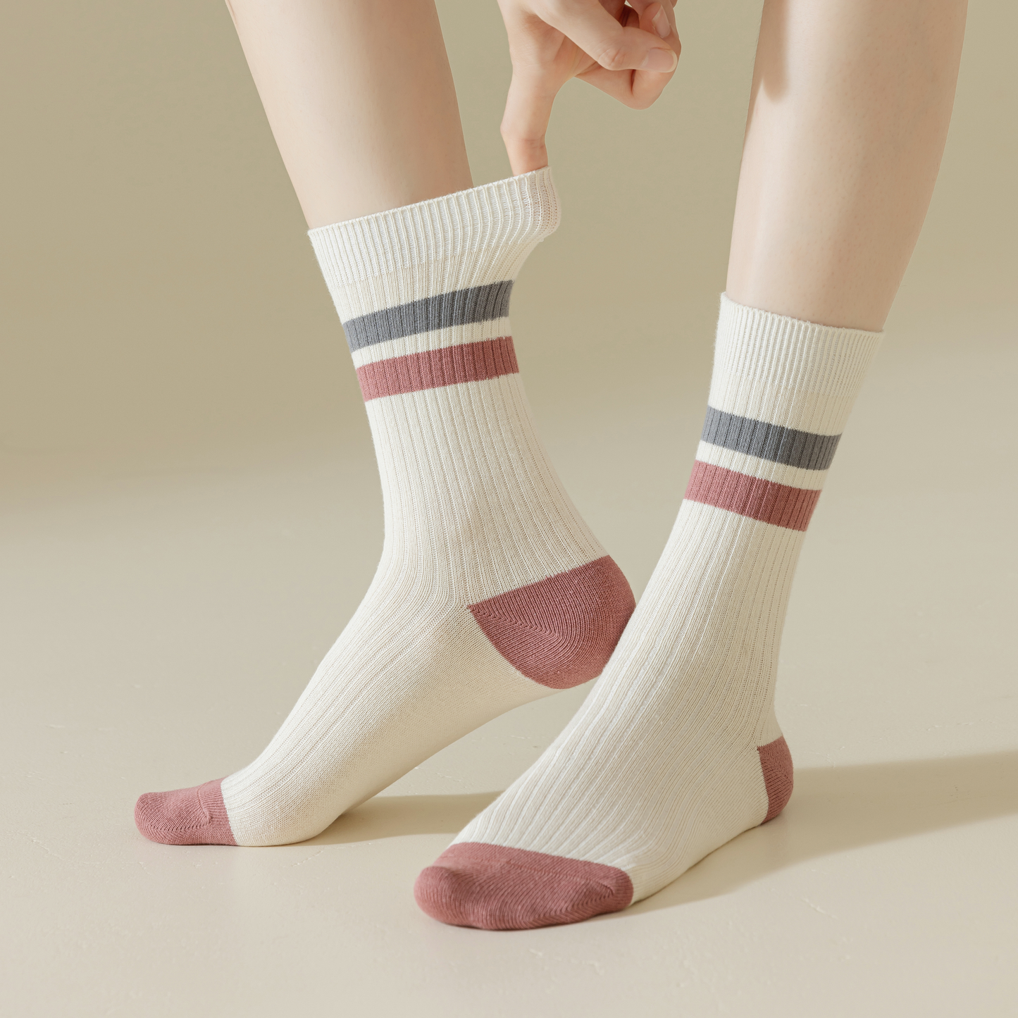 2-Pack Dark Pink Retro-Style Cotton Crew Socks for Women: Striped & Plaid Design