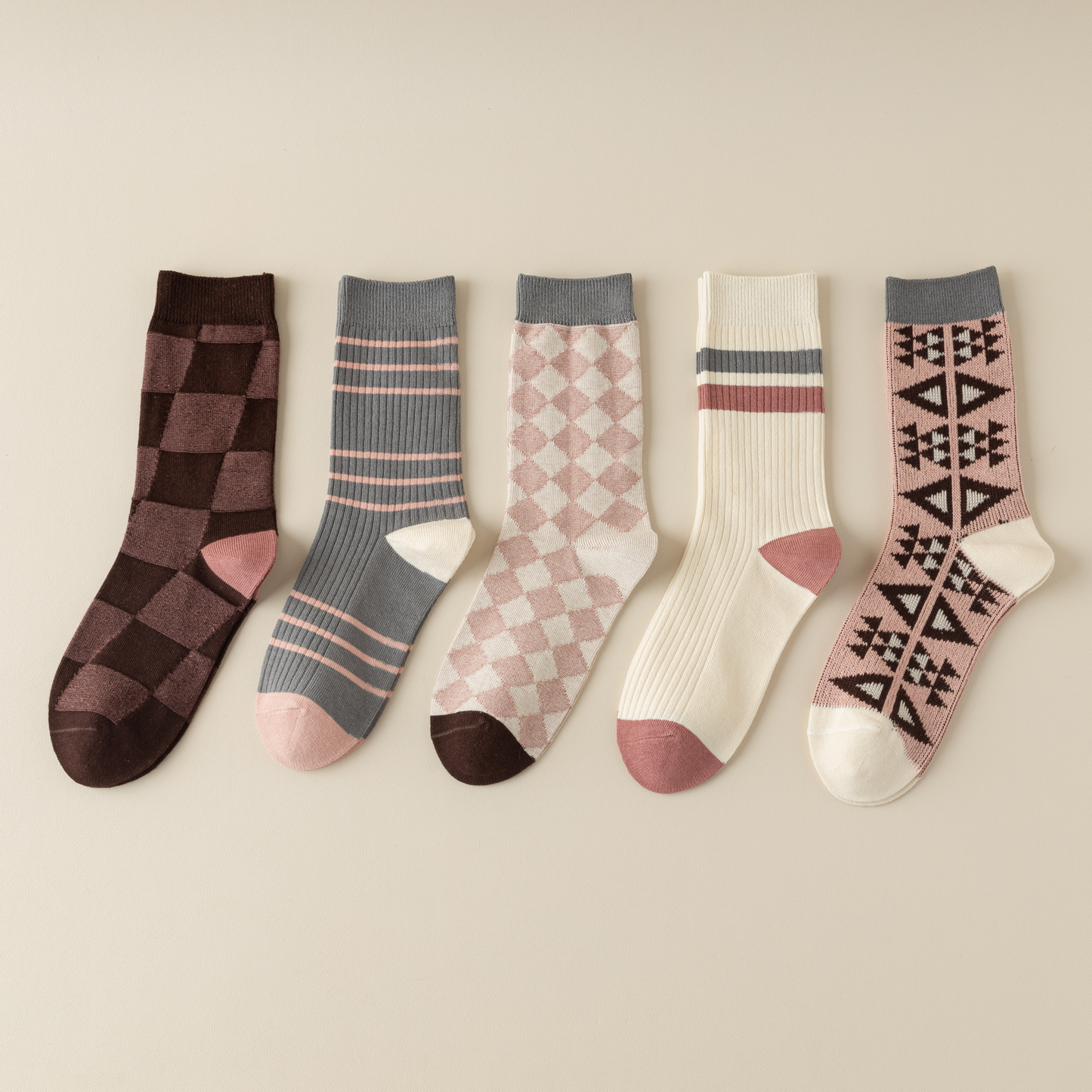 2-Pack Dark Pink Retro-Style Cotton Crew Socks for Women: Striped & Plaid Design