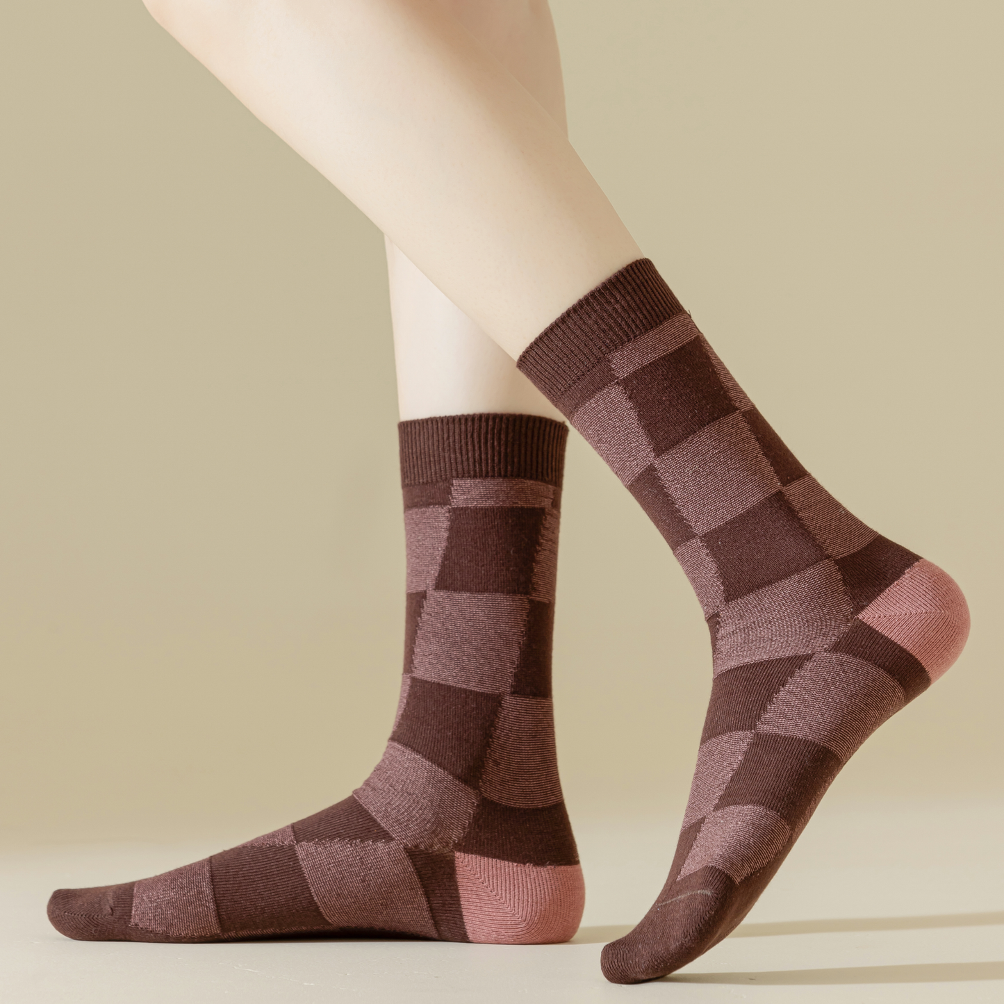 2-Pack Dark Pink Retro-Style Cotton Crew Socks for Women: Striped & Plaid Design