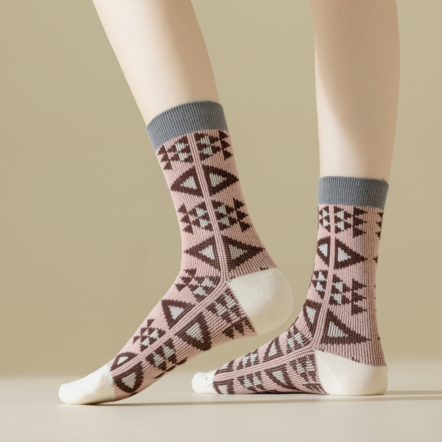 2-Pack Dark Pink Retro-Style Cotton Crew Socks for Women: Striped & Plaid Design