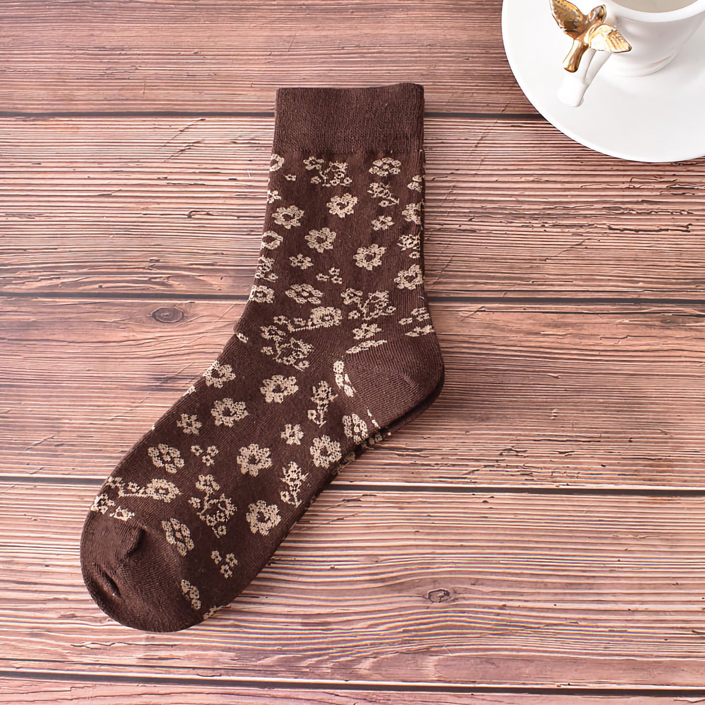 5-Pack Retro Fall/Winter Coffee Brown Cotton Socks for Women