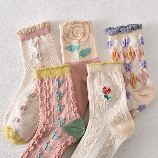 5-Pack Floral Elegance: Premium Knitted Cotton Crew Socks