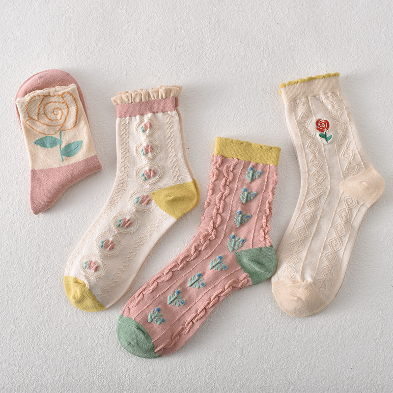 5-Pack Floral Elegance: Premium Knitted Cotton Crew Socks