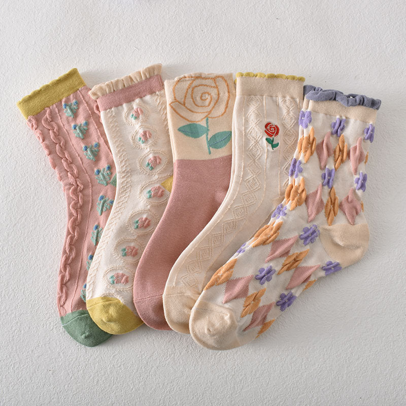 5-Pack Floral Elegance: Premium Knitted Cotton Crew Socks