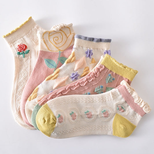 5-Pack Floral Elegance: Premium Knitted Cotton Low Cut Socks