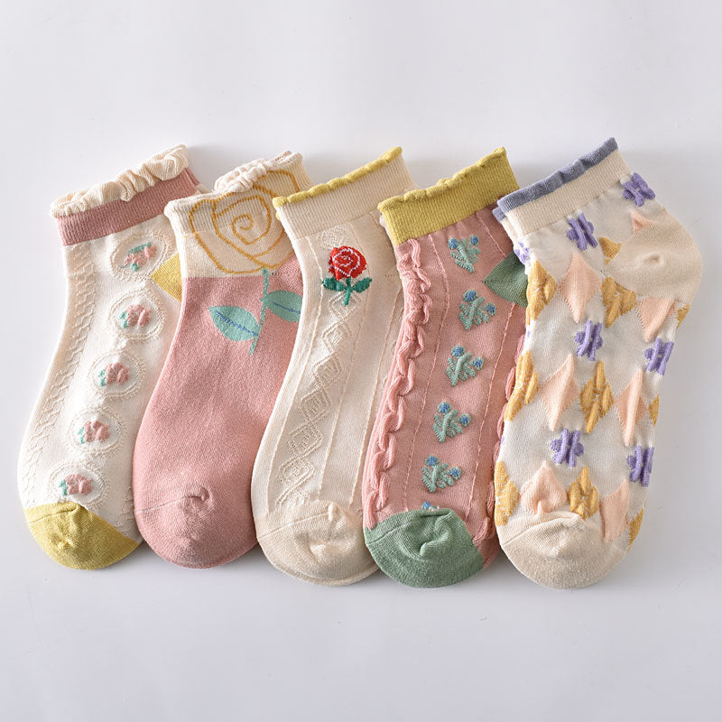5-Pack Floral Elegance: Premium Knitted Cotton Low Cut Socks