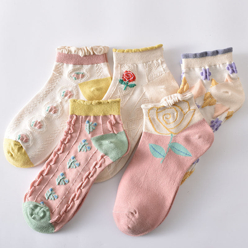 5-Pack Floral Elegance: Premium Knitted Cotton Low Cut Socks
