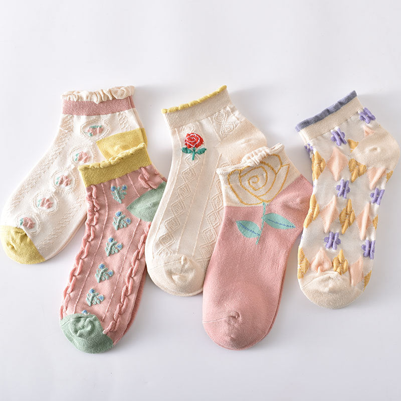 5-Pack Floral Elegance: Premium Knitted Cotton Low Cut Socks